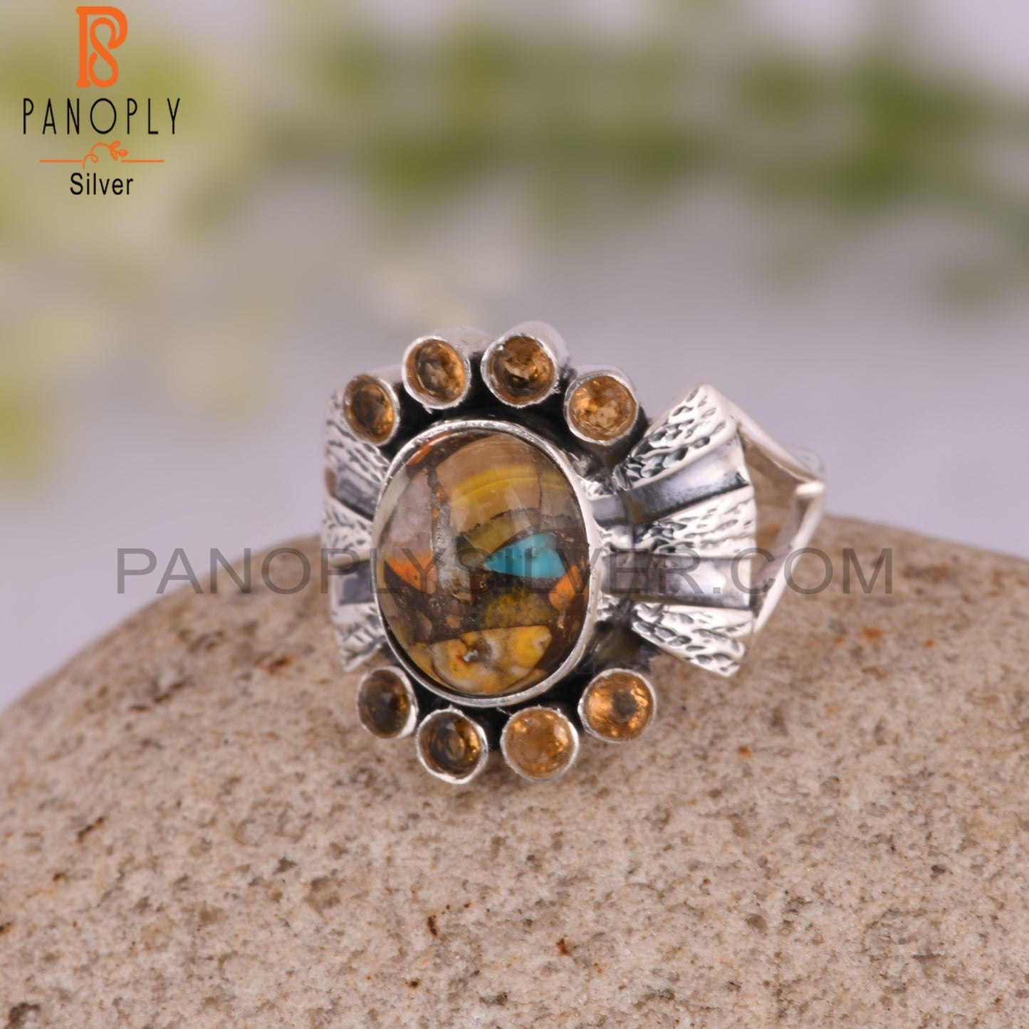 Mojave Copper Bumblebee Turquoise & Citrine 925 Silver Ring