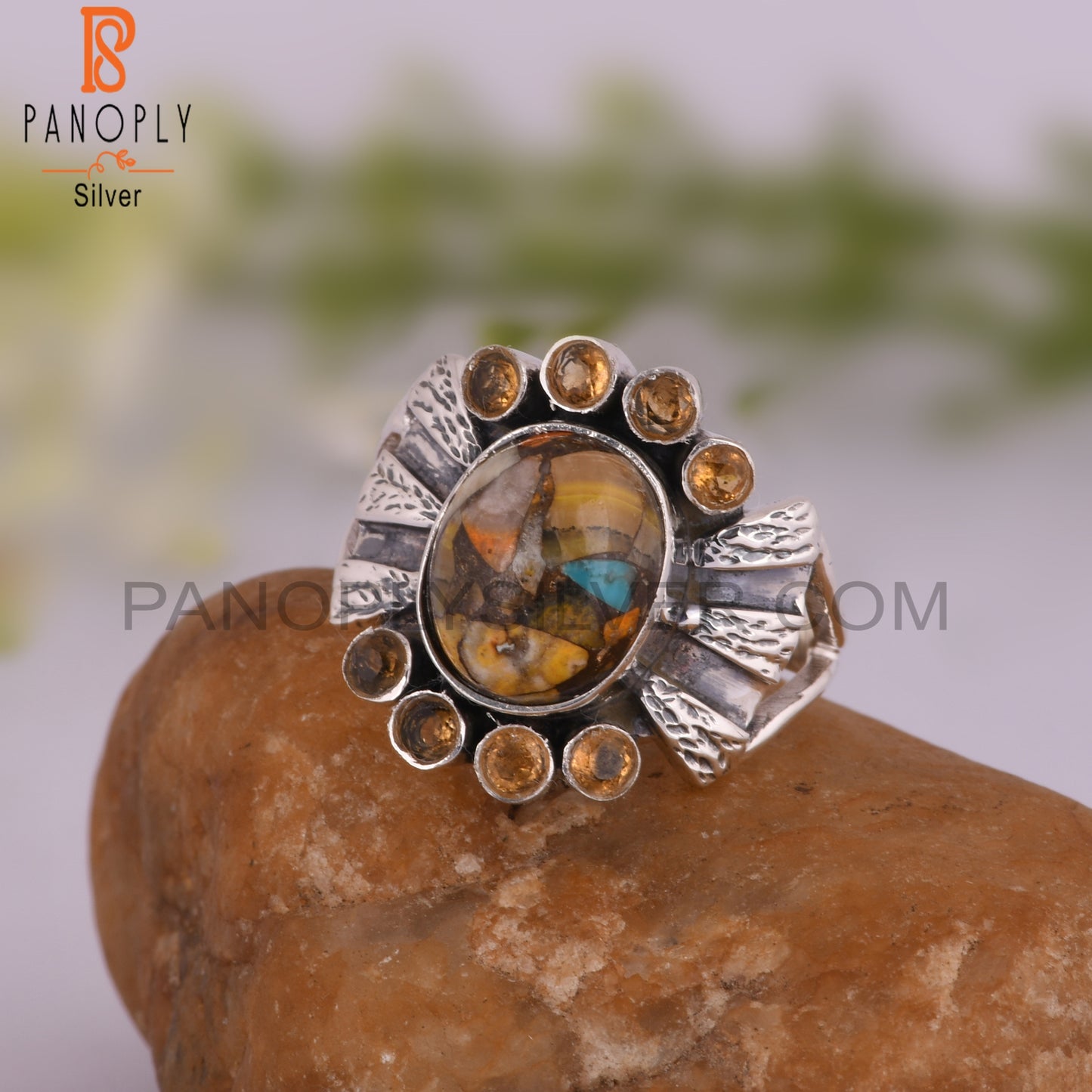 Mojave Copper Bumblebee Turquoise & Citrine 925 Silver Ring