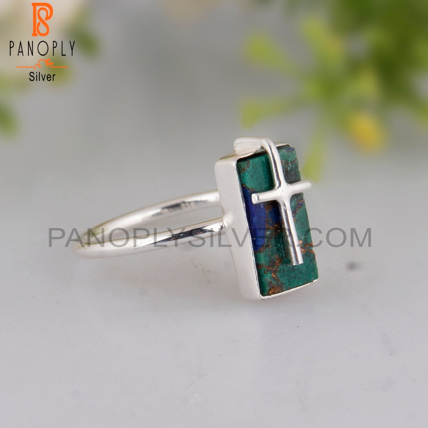 Mojave Copper Azurite Malachite Beguette 925 Silver Ring