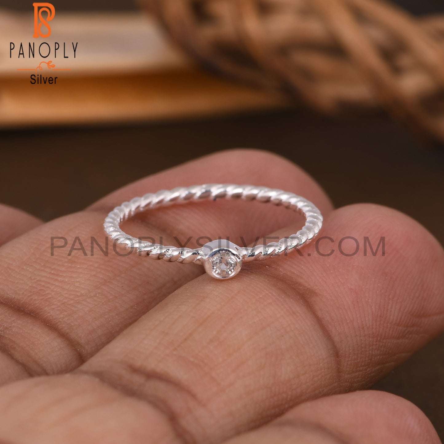 White Topaz Round Twist 925 Sterling Silver Ring