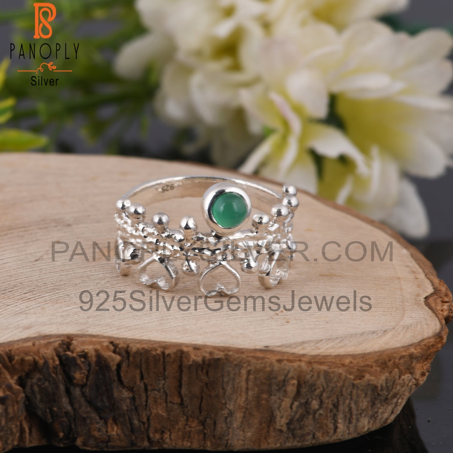 Hypoallergenic Green Onyx Round 925 Sterling Silver Ring