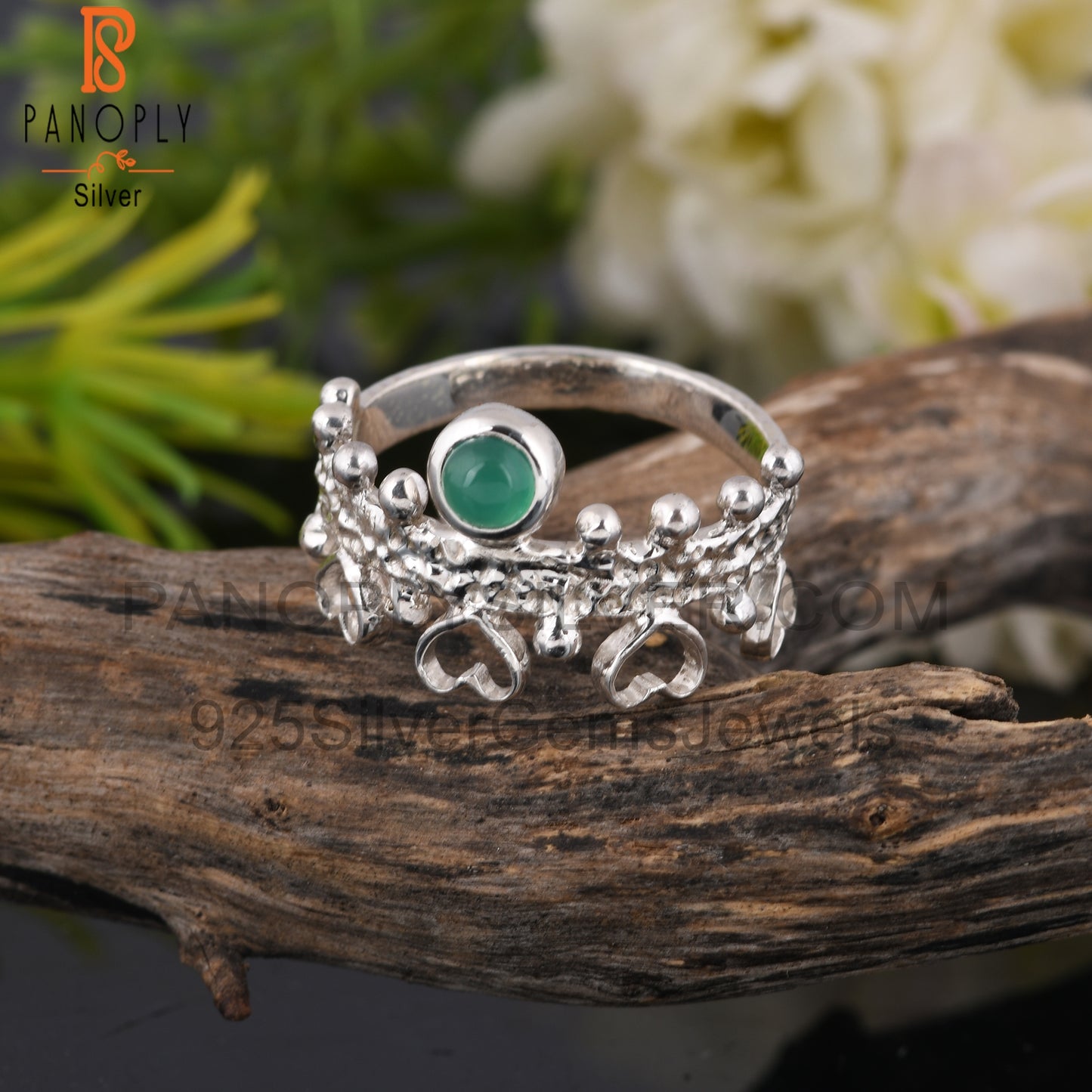 Hypoallergenic Green Onyx Round 925 Sterling Silver Ring