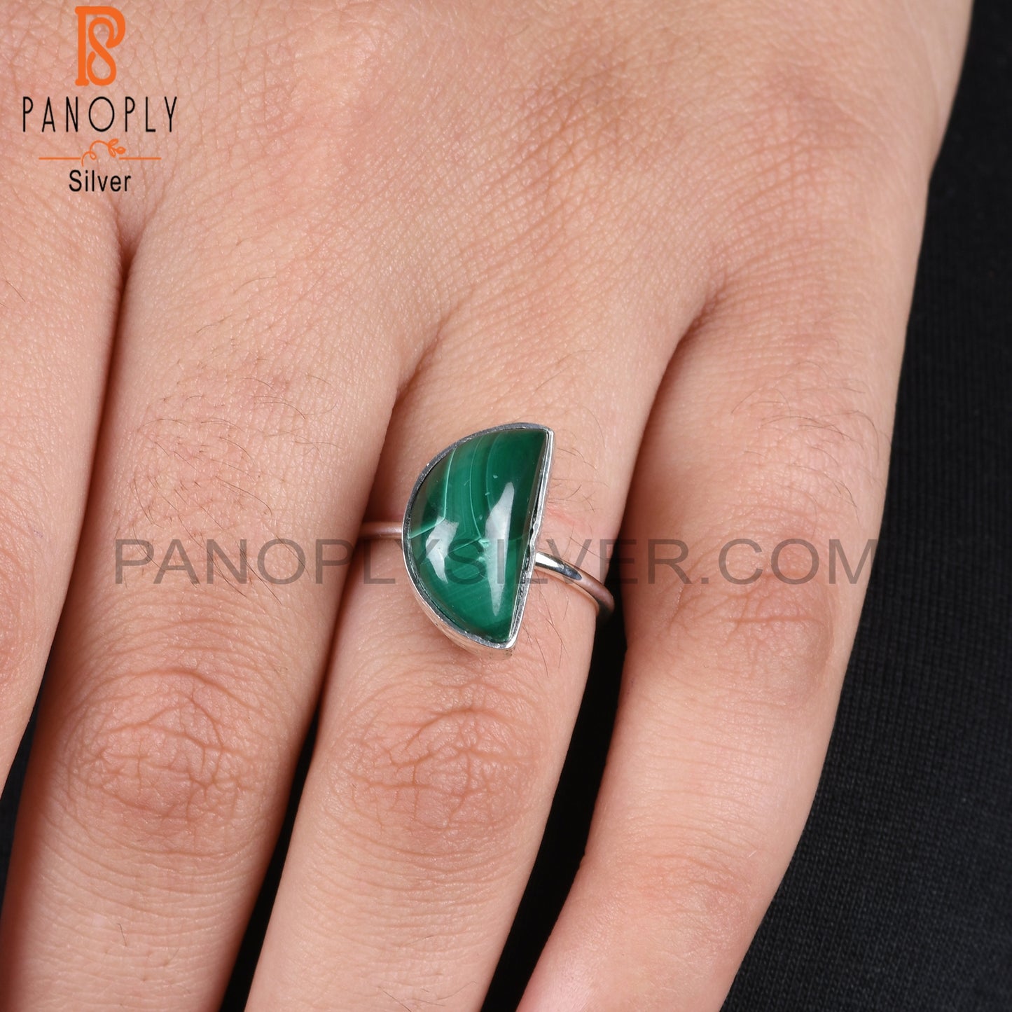 Malachite D shape 925 Sterling Silver Moon Ring