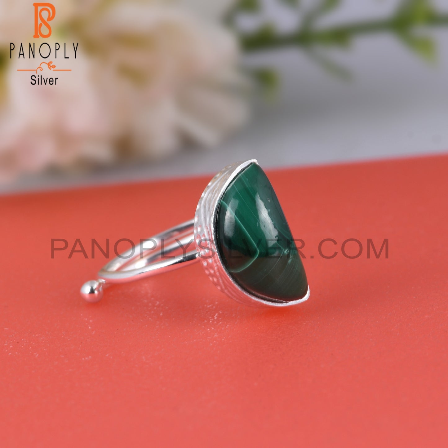 Malachite D shape 925 Sterling Silver Moon Ring