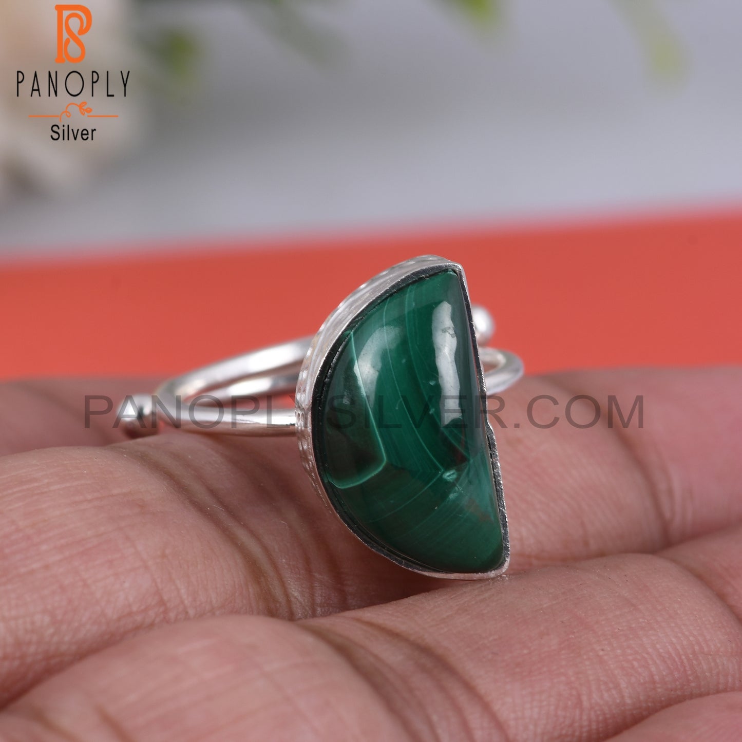 Malachite D shape 925 Sterling Silver Moon Ring