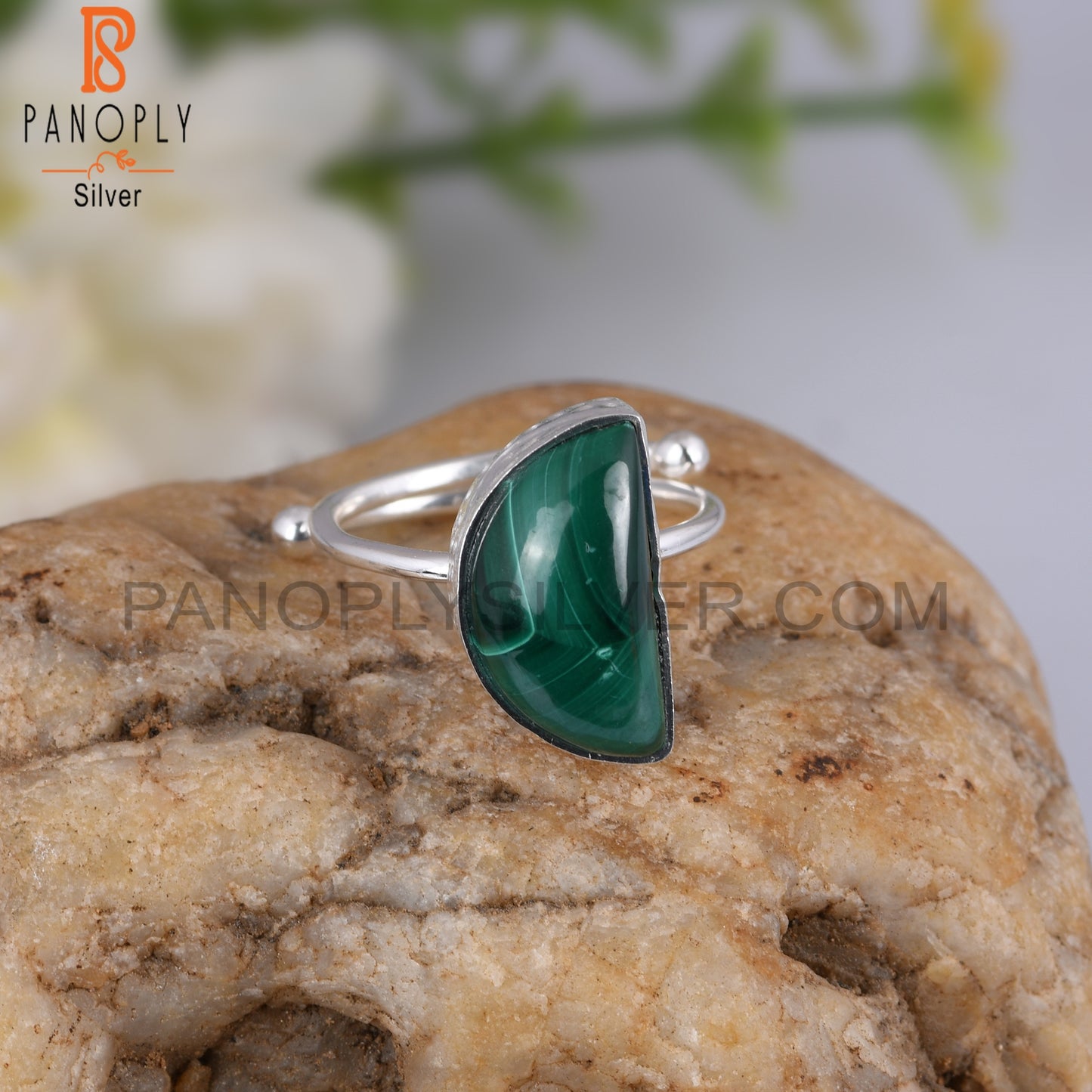 Malachite D shape 925 Sterling Silver Moon Ring