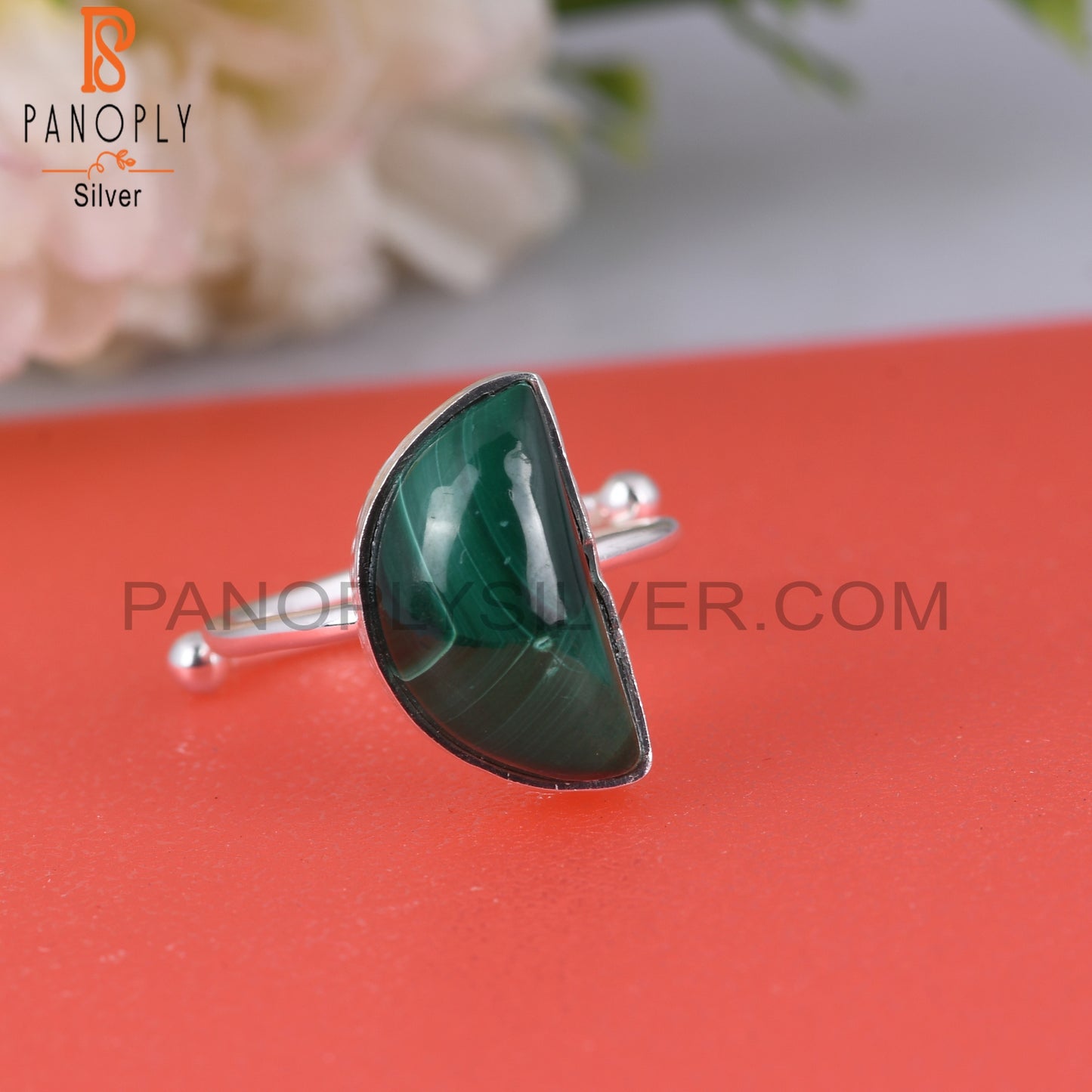 Malachite D shape 925 Sterling Silver Moon Ring