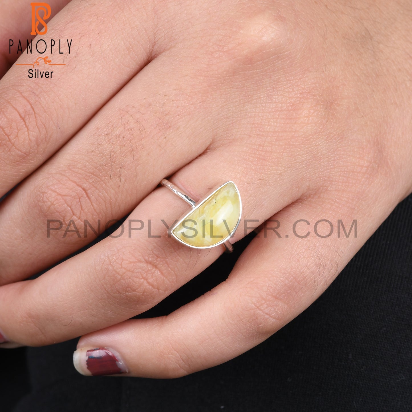 Yellow Opal D Shape 925 Sterling Silver Moon Ring