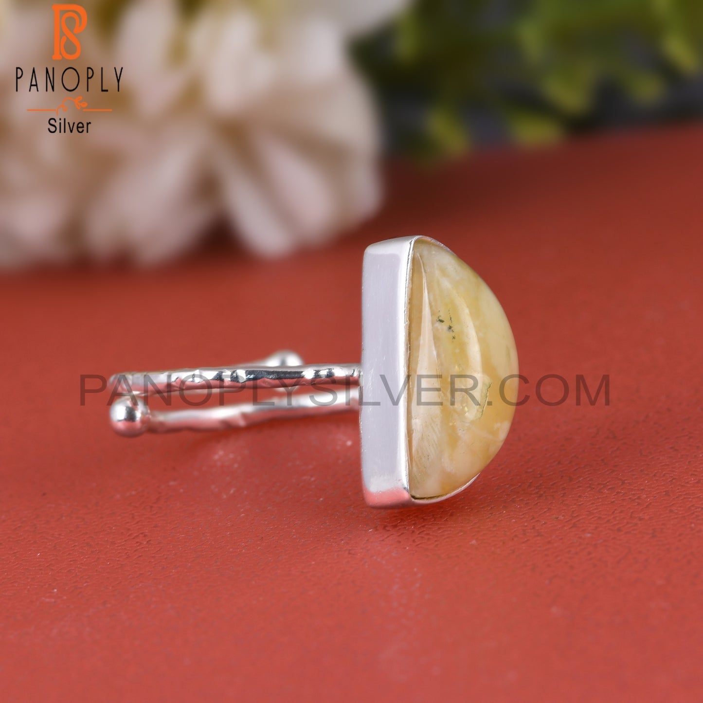 Yellow Opal D Shape 925 Sterling Silver Moon Ring