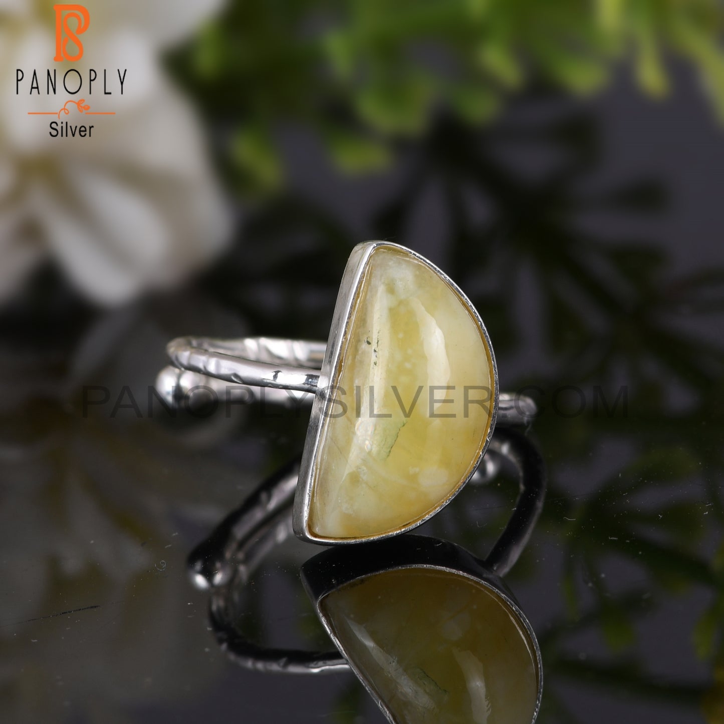 Yellow Opal D Shape 925 Sterling Silver Moon Ring