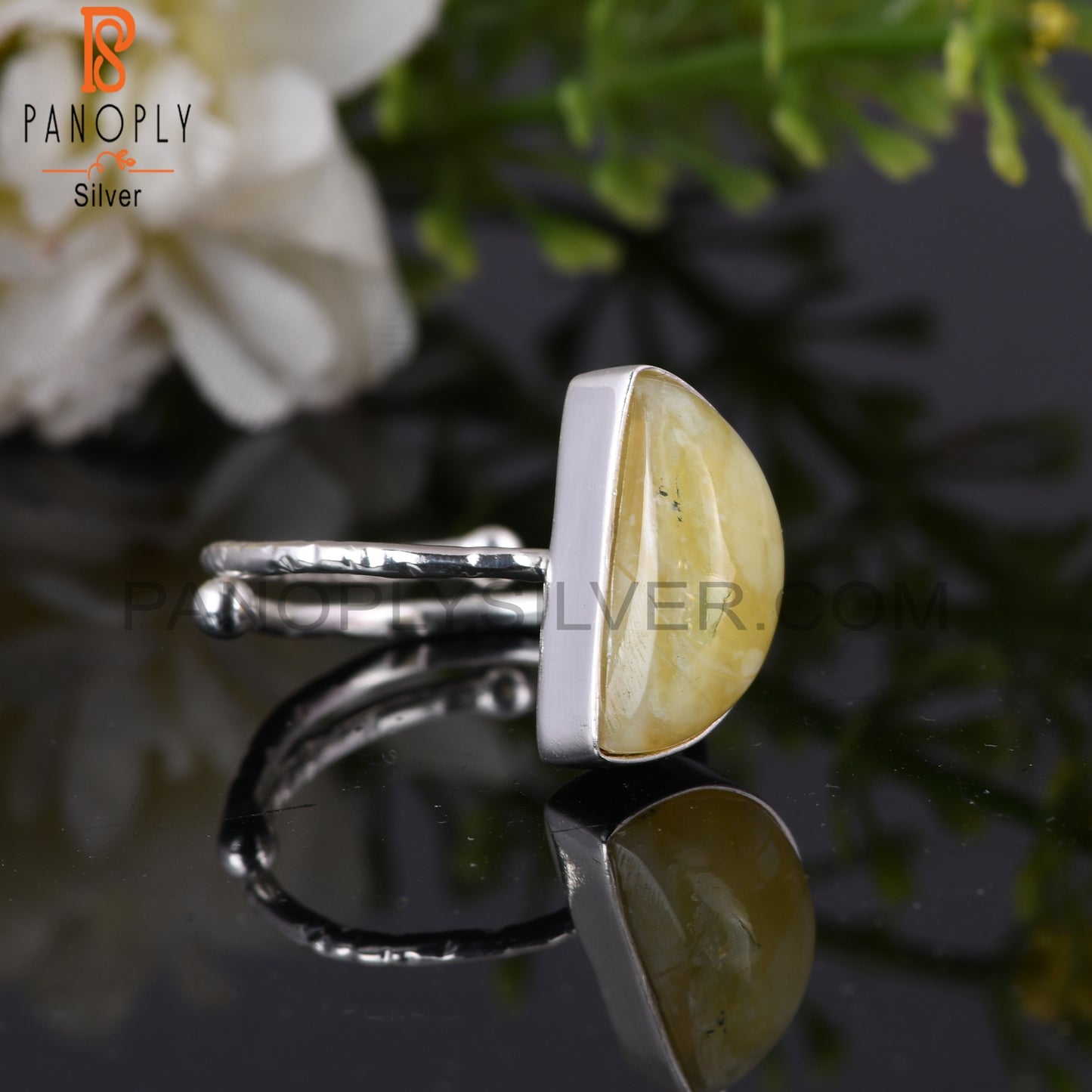 Yellow Opal D Shape 925 Sterling Silver Moon Ring