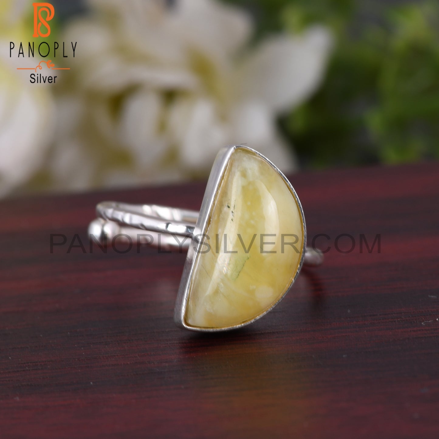 Yellow Opal D Shape 925 Sterling Silver Moon Ring