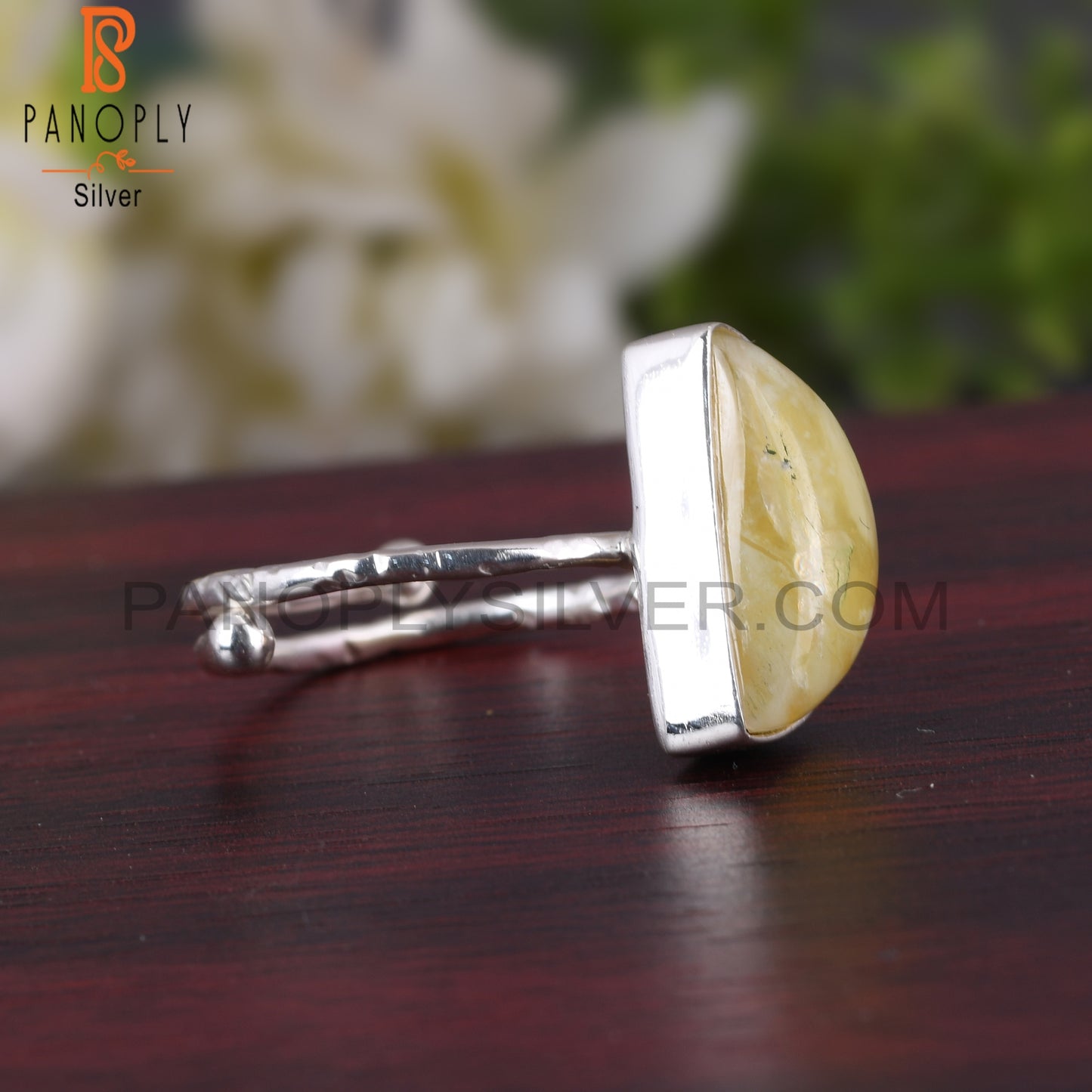 Yellow Opal D Shape 925 Sterling Silver Moon Ring
