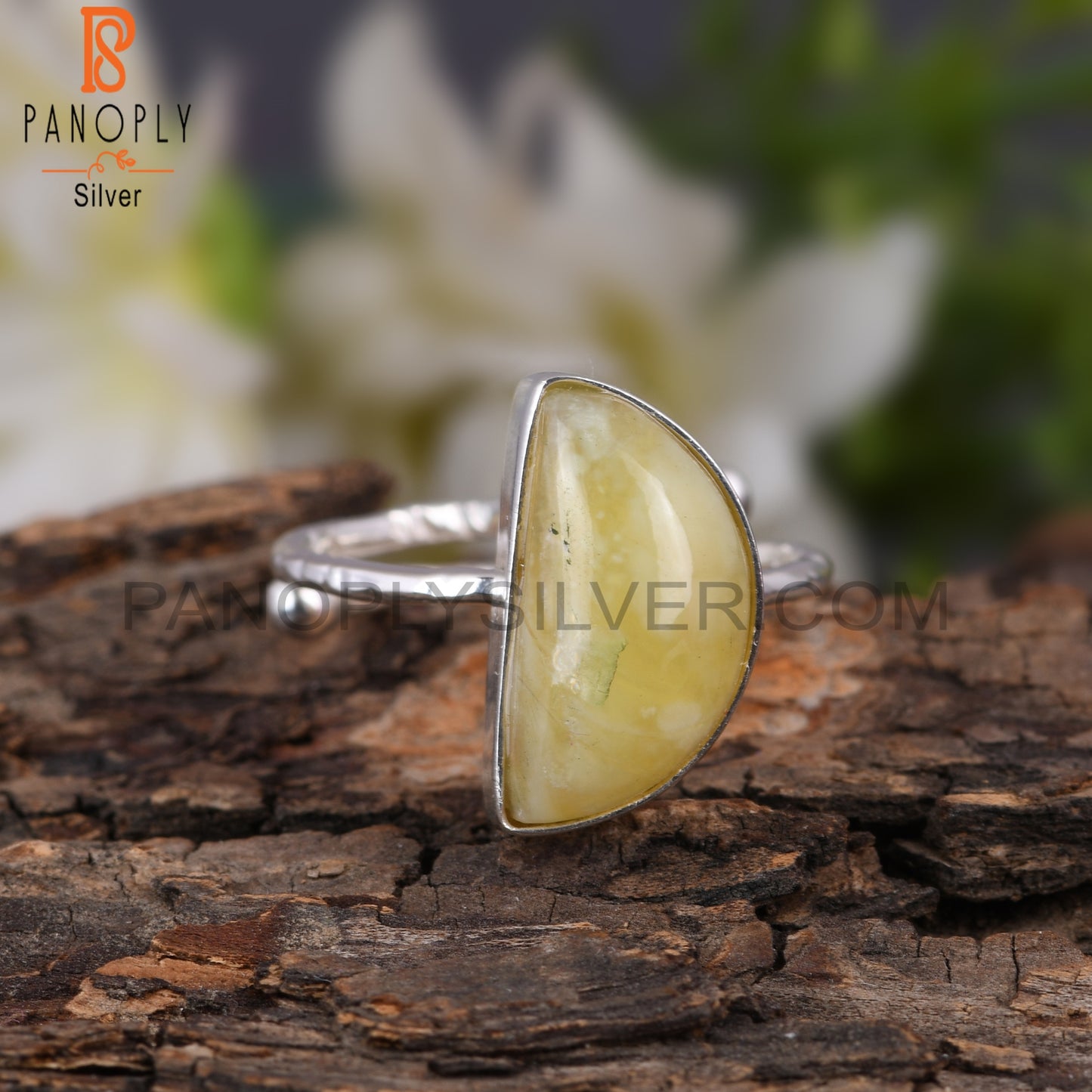 Yellow Opal D Shape 925 Sterling Silver Moon Ring