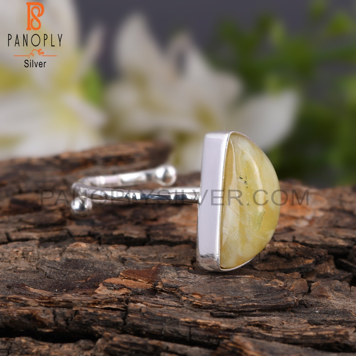Yellow Opal D Shape 925 Sterling Silver Moon Ring
