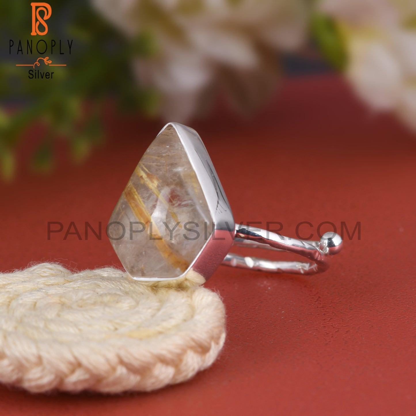 Golden Rutile Diamond 925 Sterling Silver Ring