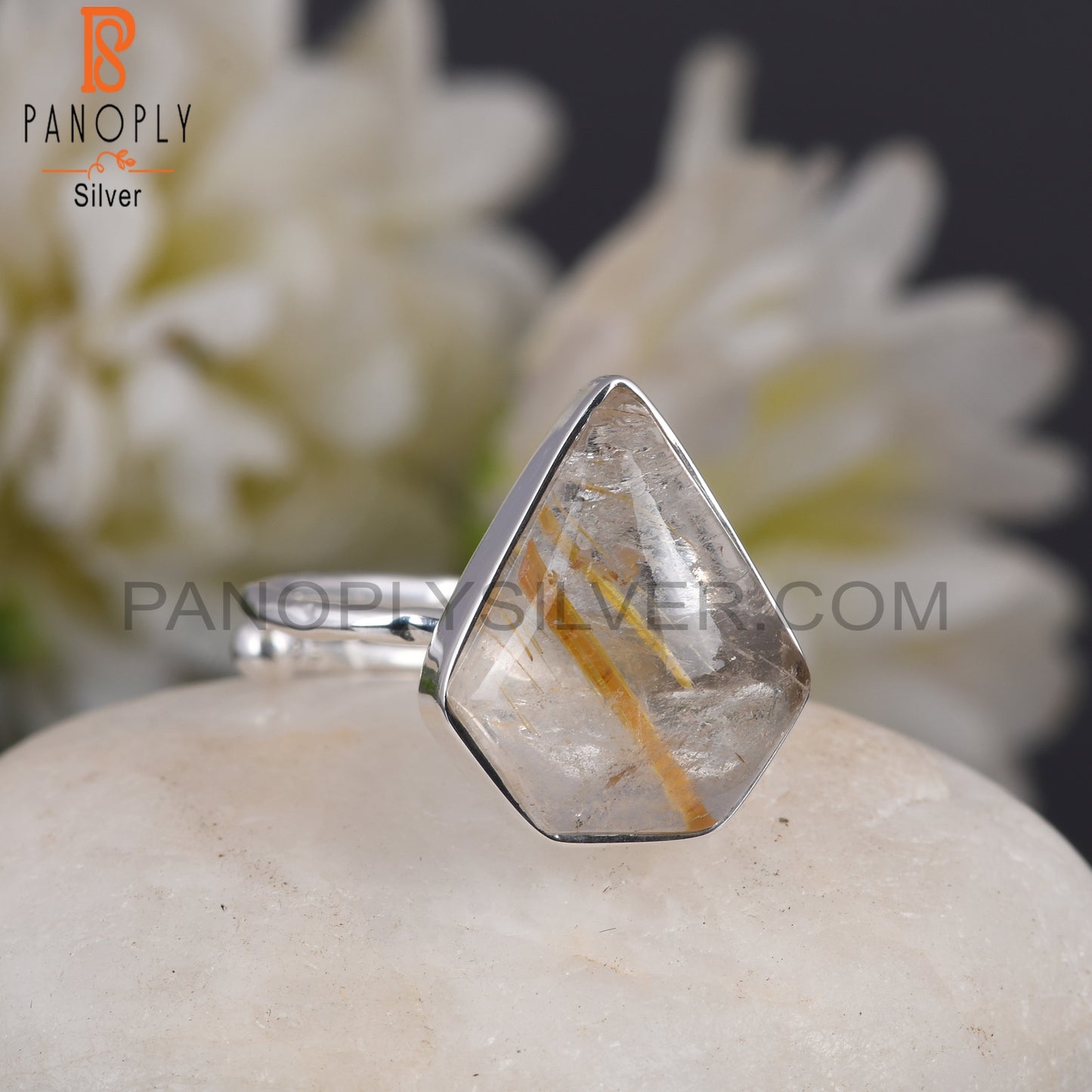 Golden Rutile Diamond 925 Sterling Silver Ring