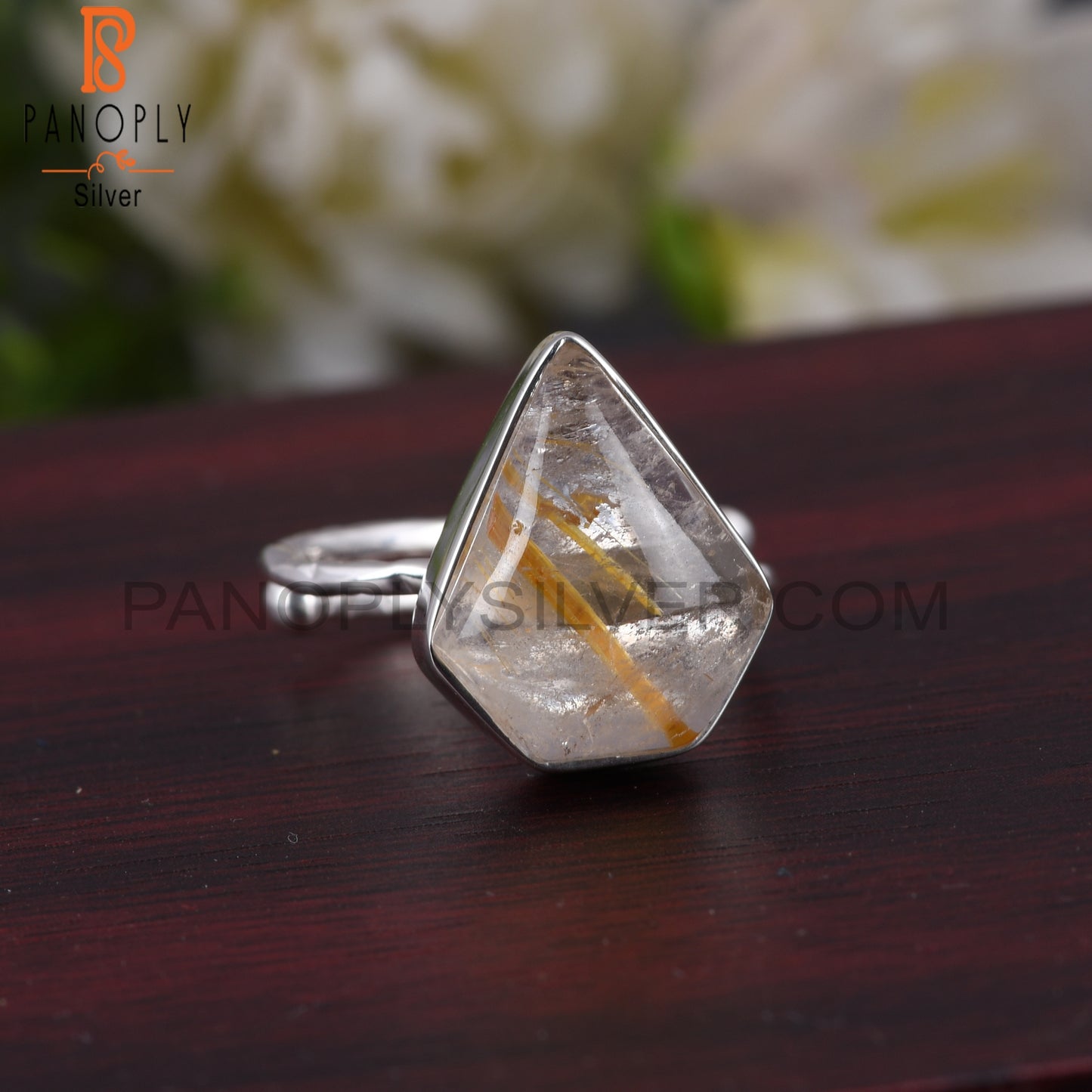Golden Rutile Diamond 925 Sterling Silver Ring