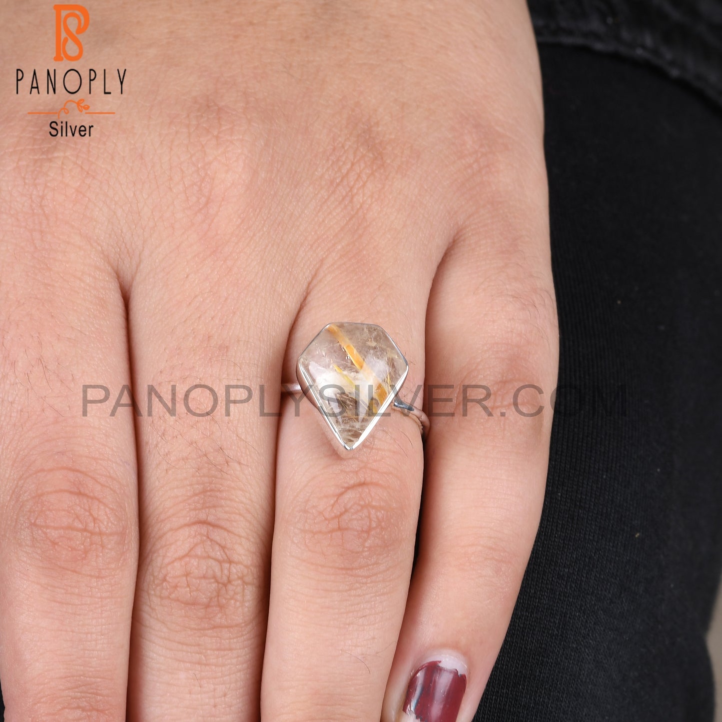 Golden Rutile Diamond 925 Sterling Silver Ring