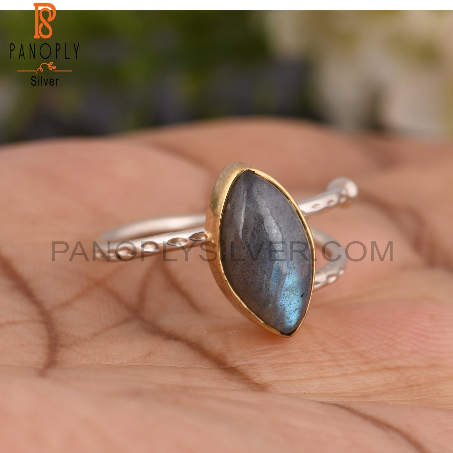 Labradorite Marquoise 925 Sterling Silver Texture Band Ring