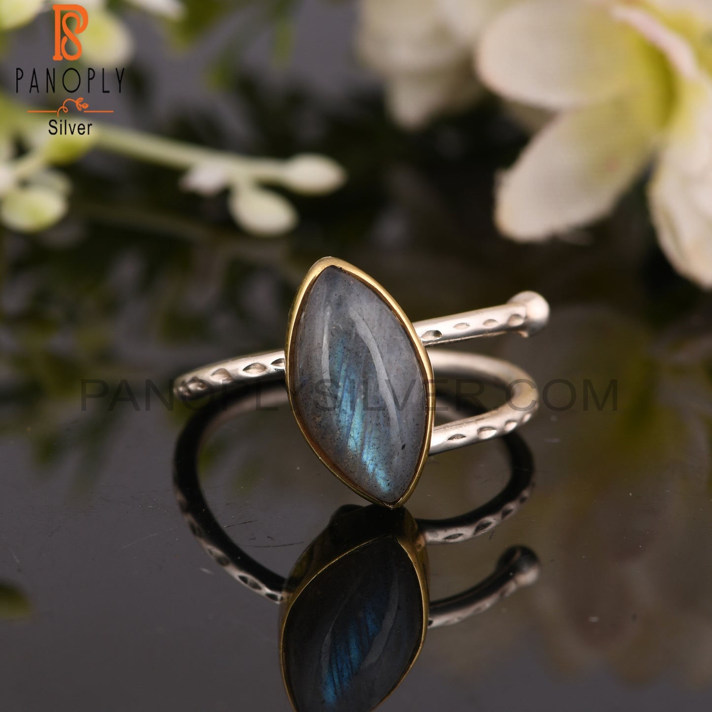 Labradorite Marquoise 925 Sterling Silver Texture Band Ring