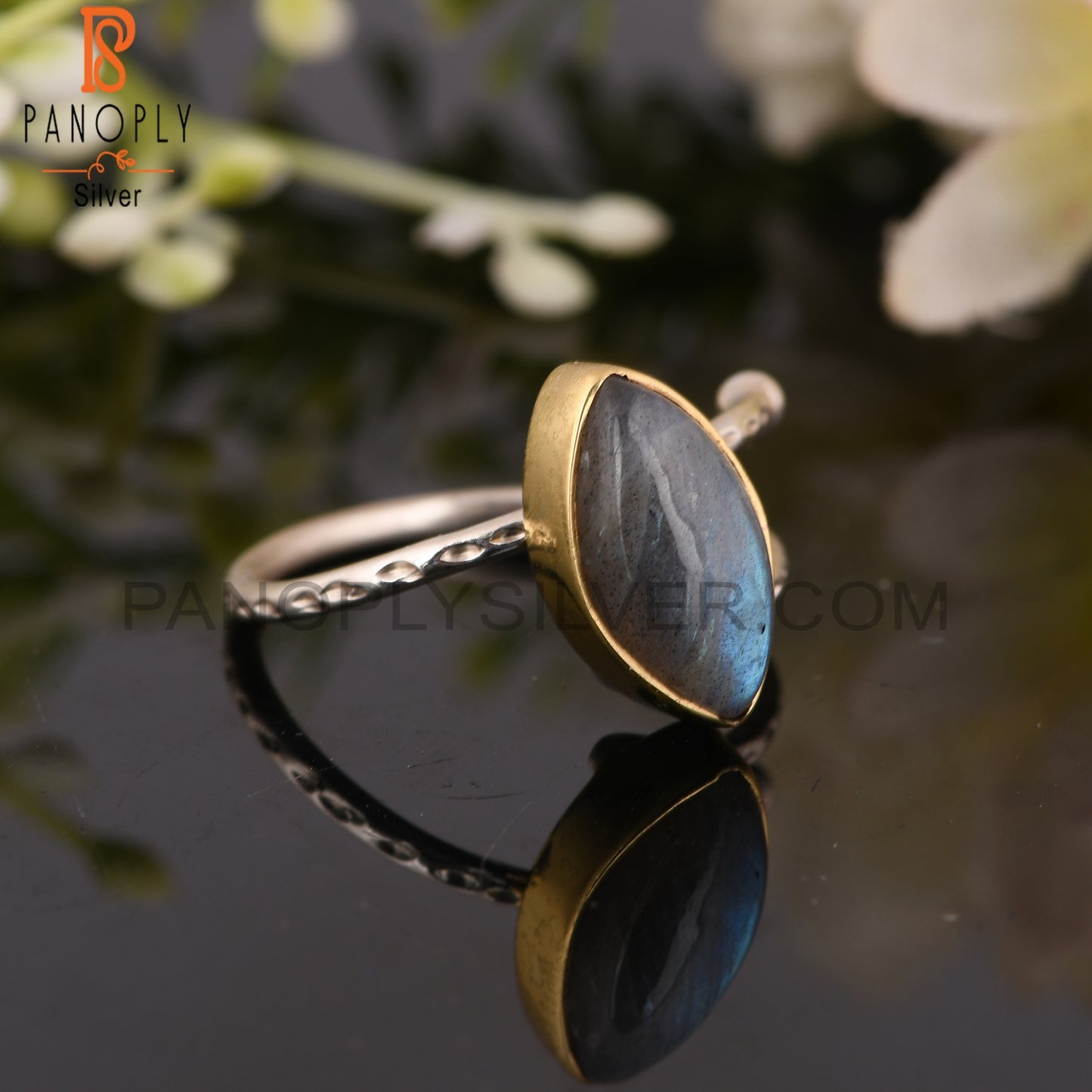Labradorite Marquoise 925 Sterling Silver Texture Band Ring