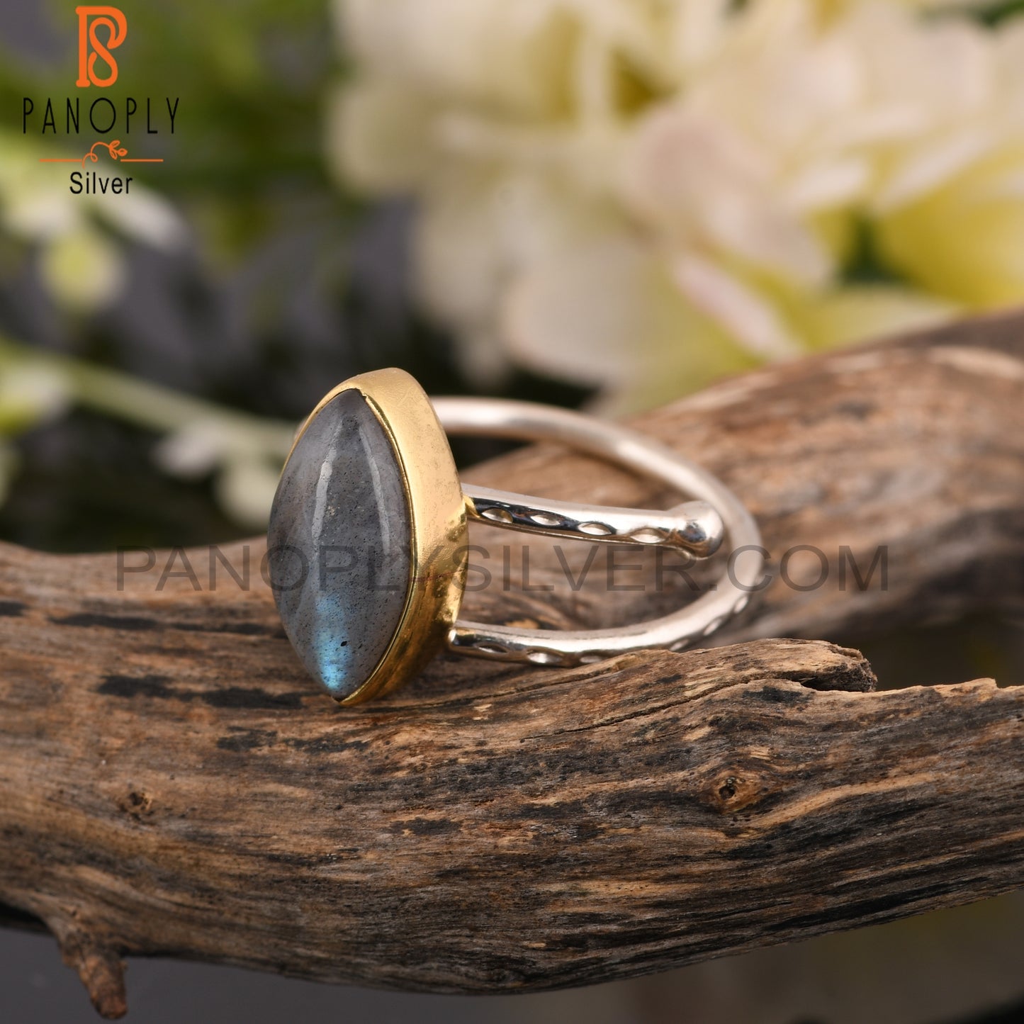 Labradorite Marquoise 925 Sterling Silver Texture Band Ring