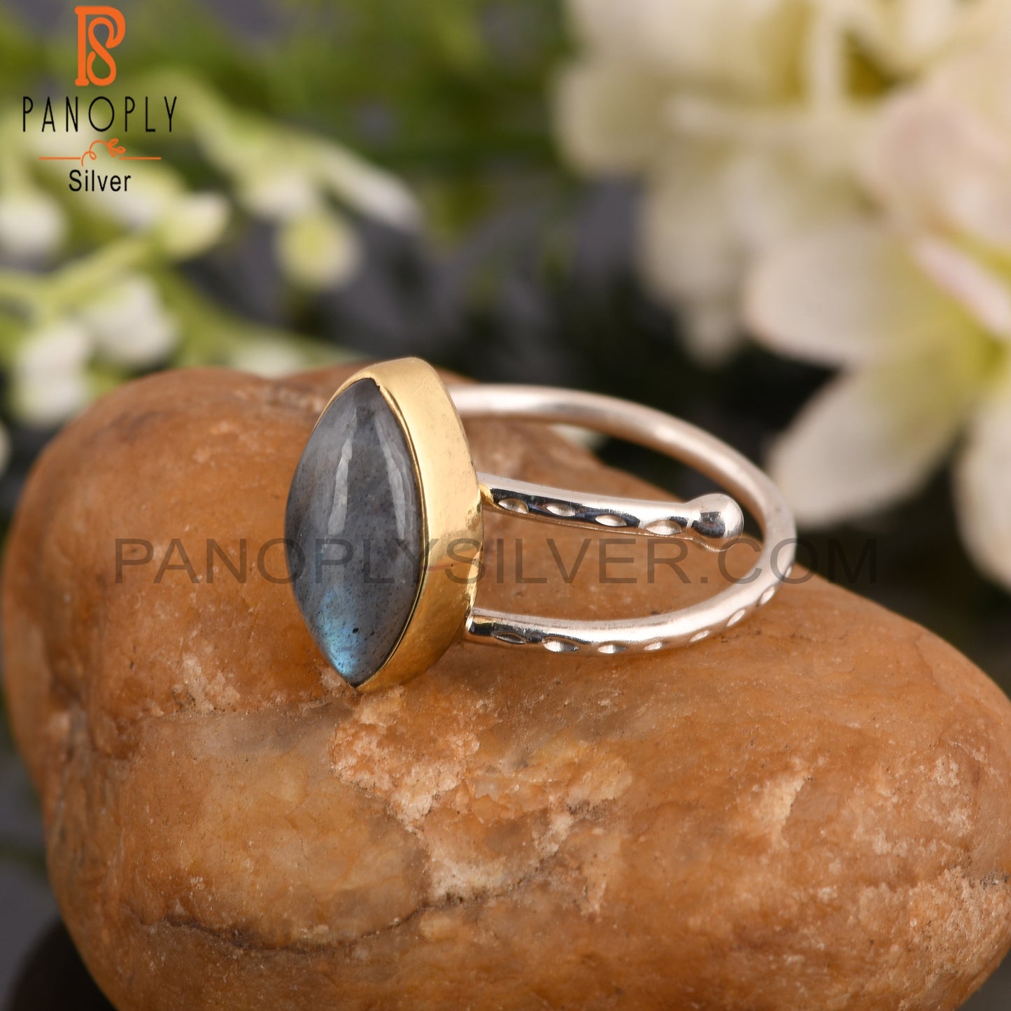 Labradorite Marquoise 925 Sterling Silver Texture Band Ring