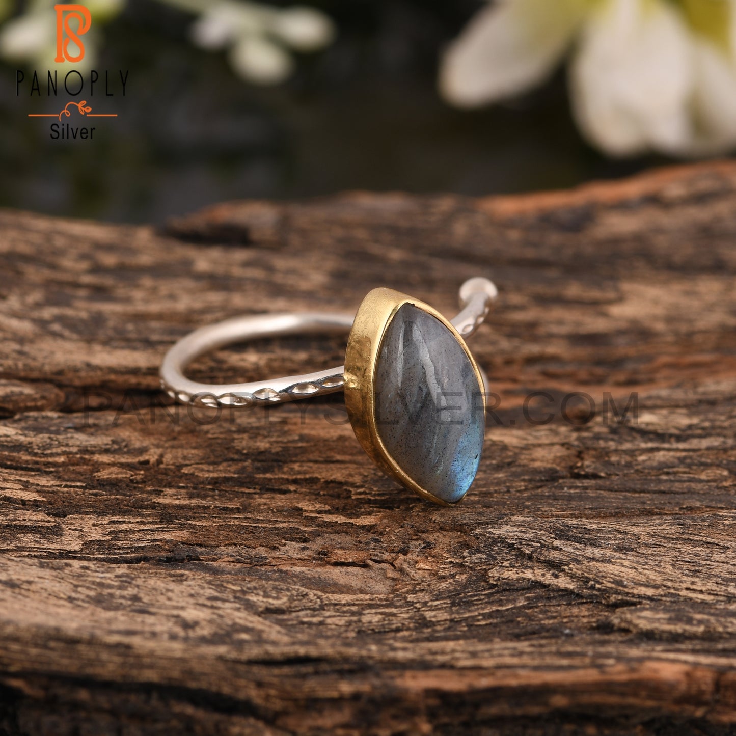 Labradorite Marquoise 925 Sterling Silver Texture Band Ring