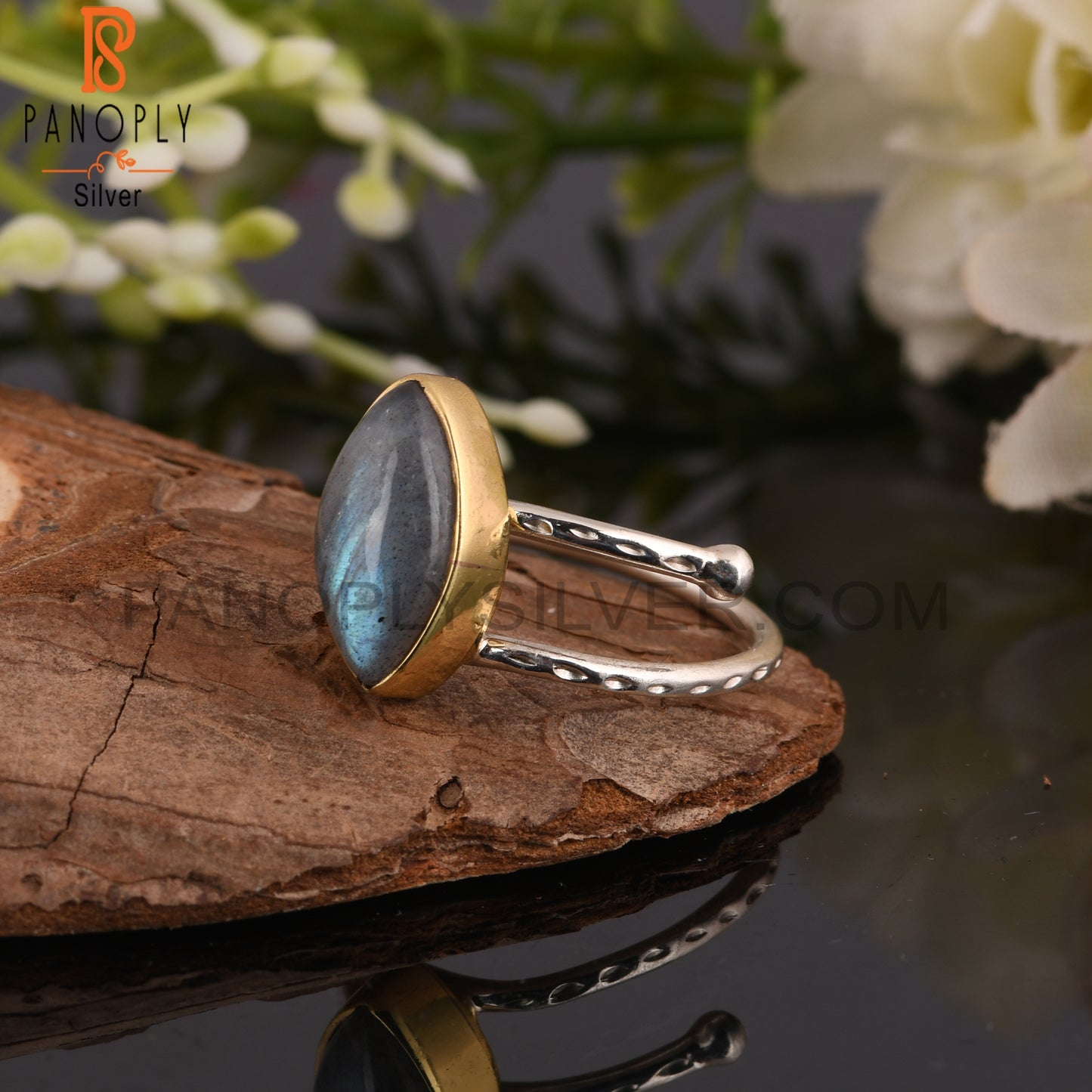 Labradorite Marquoise 925 Sterling Silver Texture Band Ring