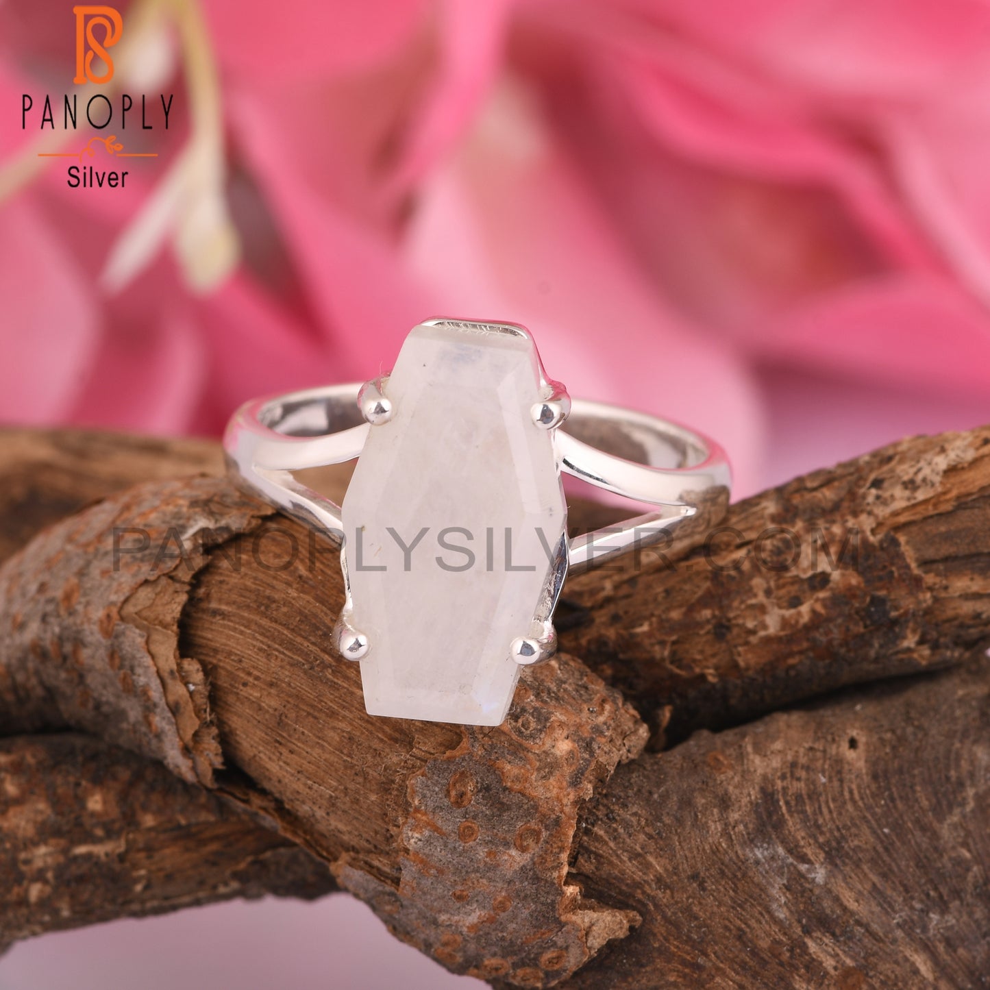 Rainbow Moonstone Coffin 925 Silver Ring