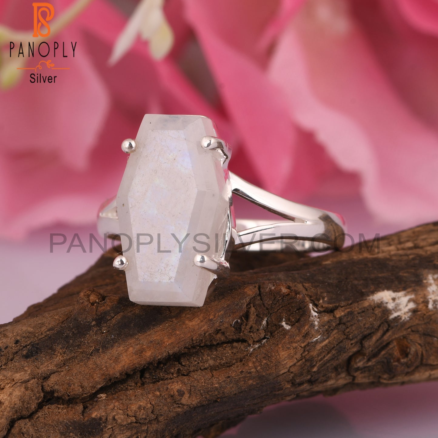 Rainbow Moonstone Coffin 925 Silver Ring