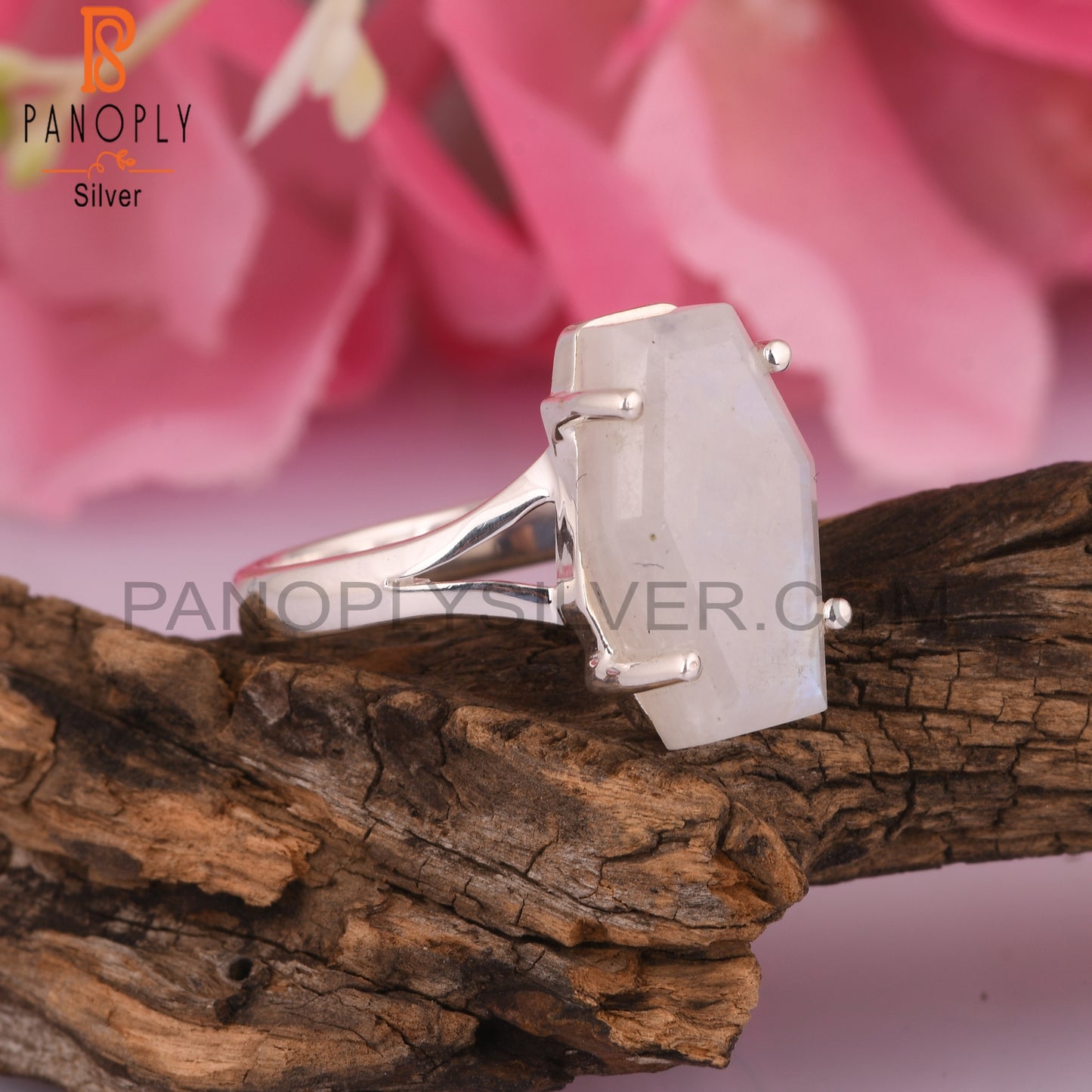 Rainbow Moonstone Coffin 925 Silver Ring