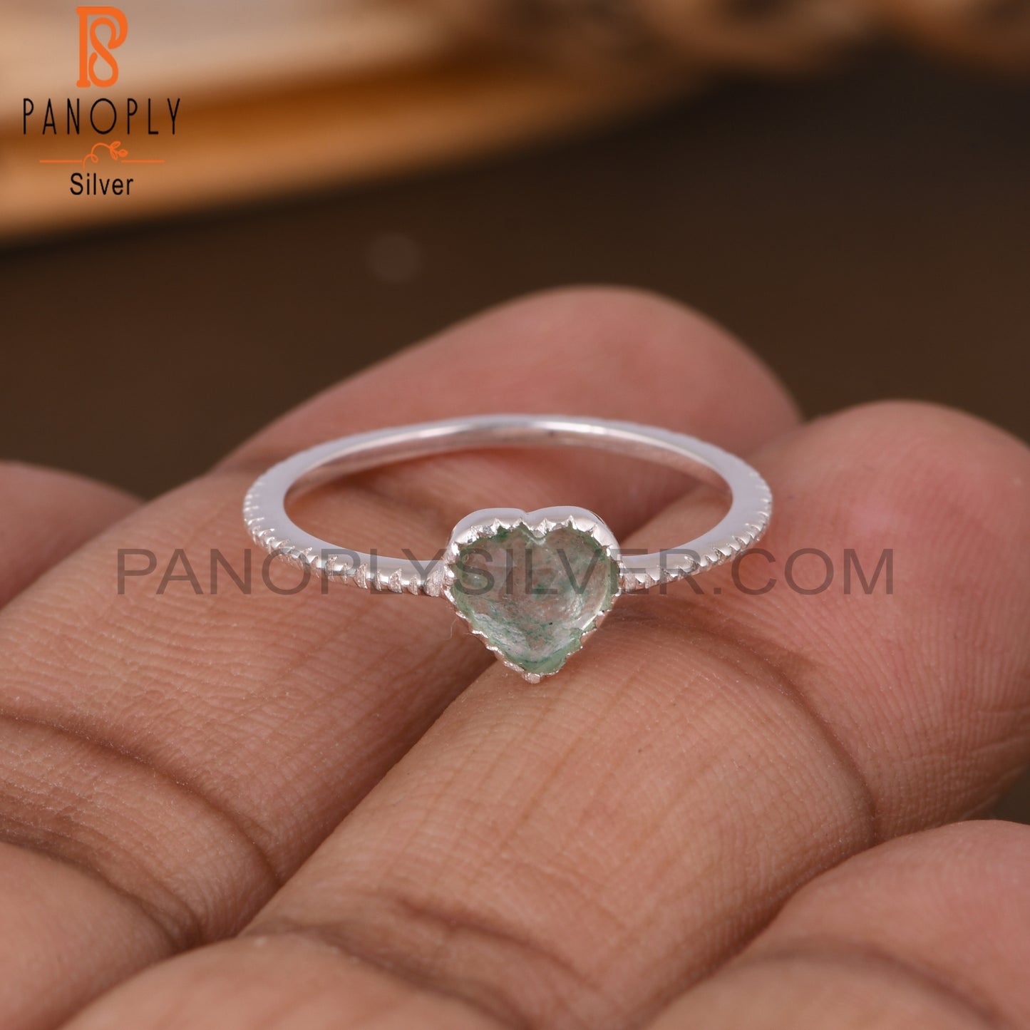 Green Strawberry Quartz Heart Shape 925 Sterling Silver Ring
