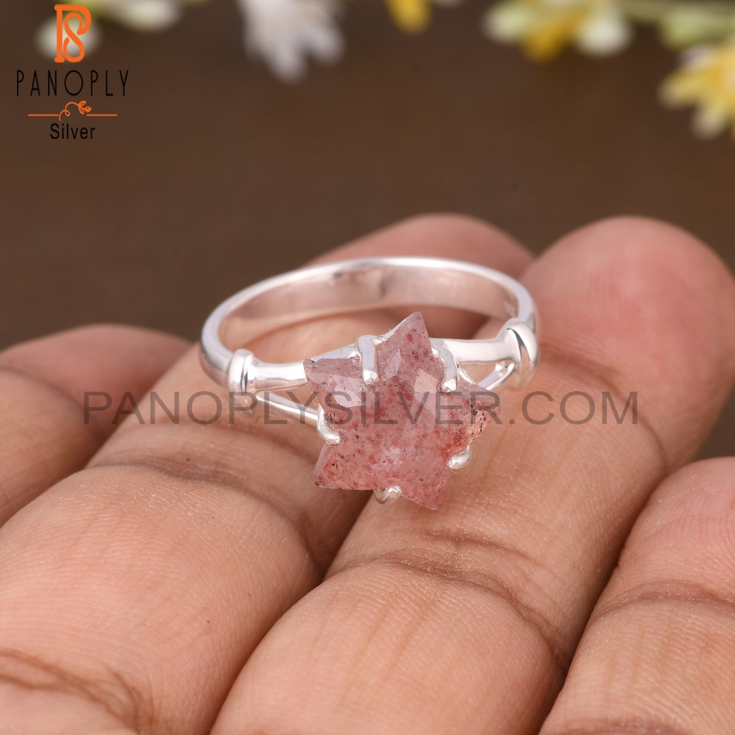 Strawberry Quartz Star Shape 925 Sterling Silver Ring