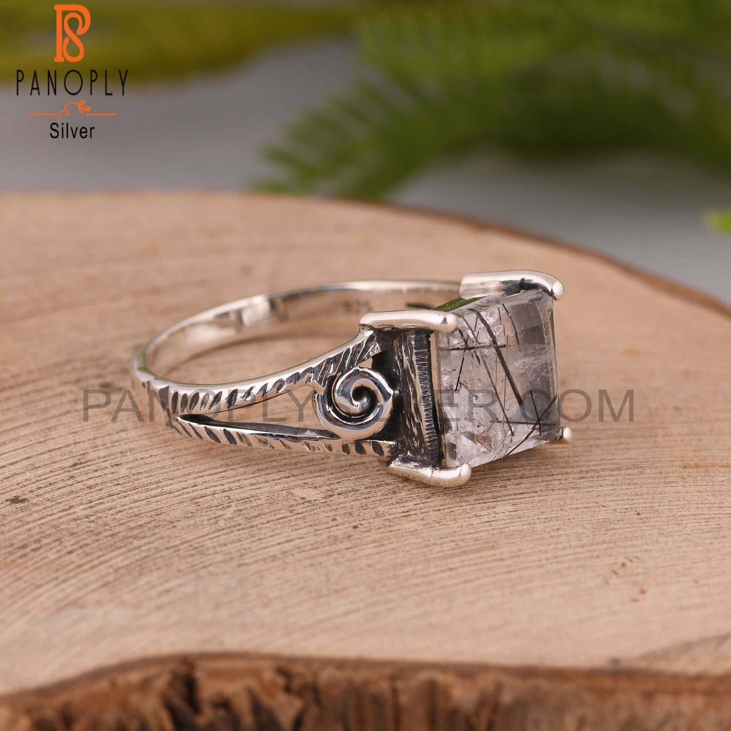 Black Rutile Square 925 Sterling Silver Ring For Father