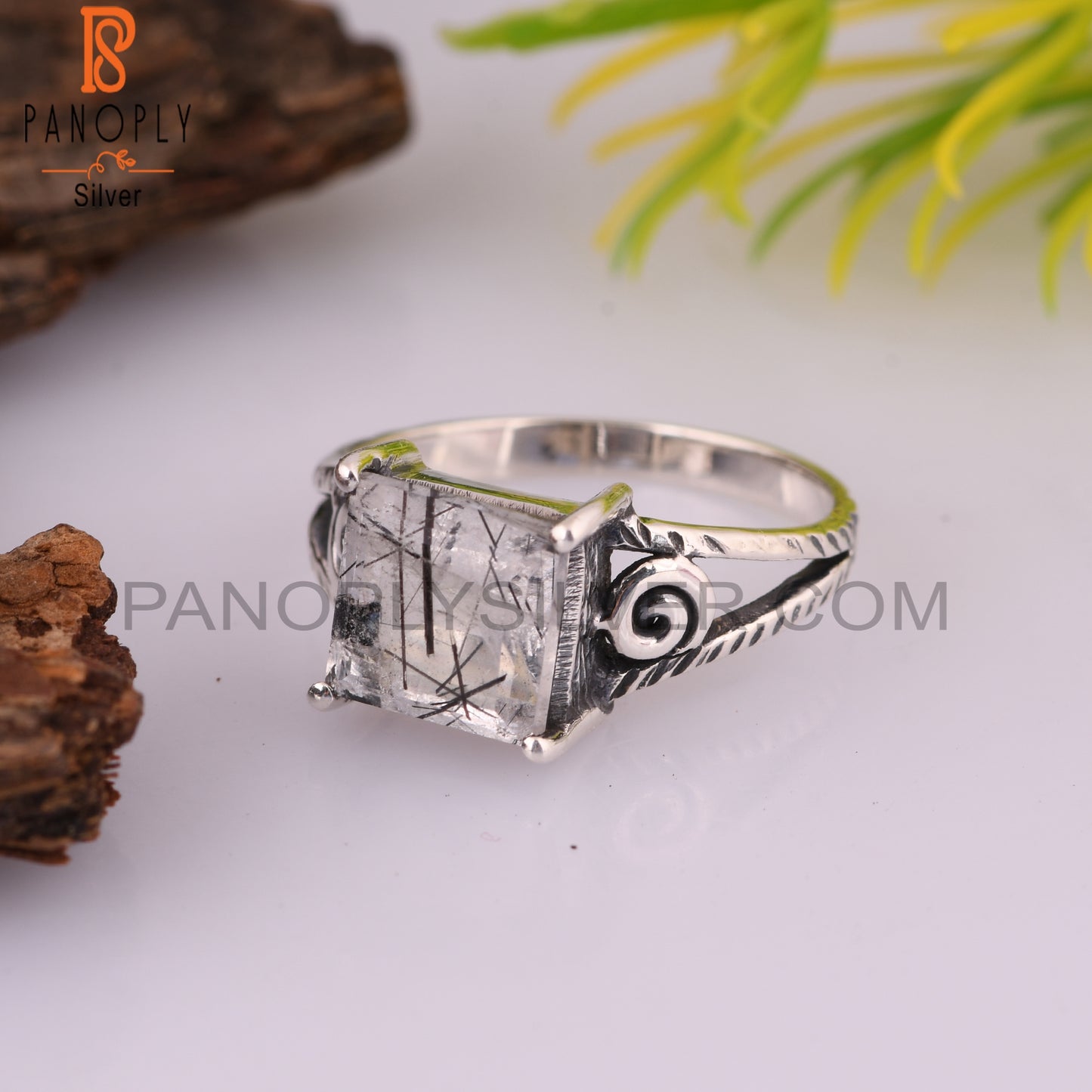 Black Rutile Square 925 Sterling Silver Ring For Father