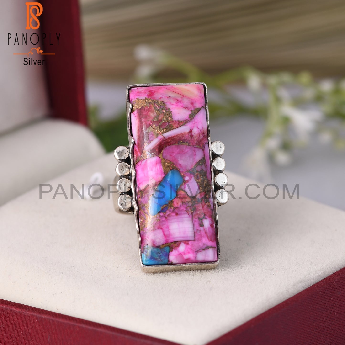 Mojave Copper Purple Oyster Turquoise Baguette Silver Ring