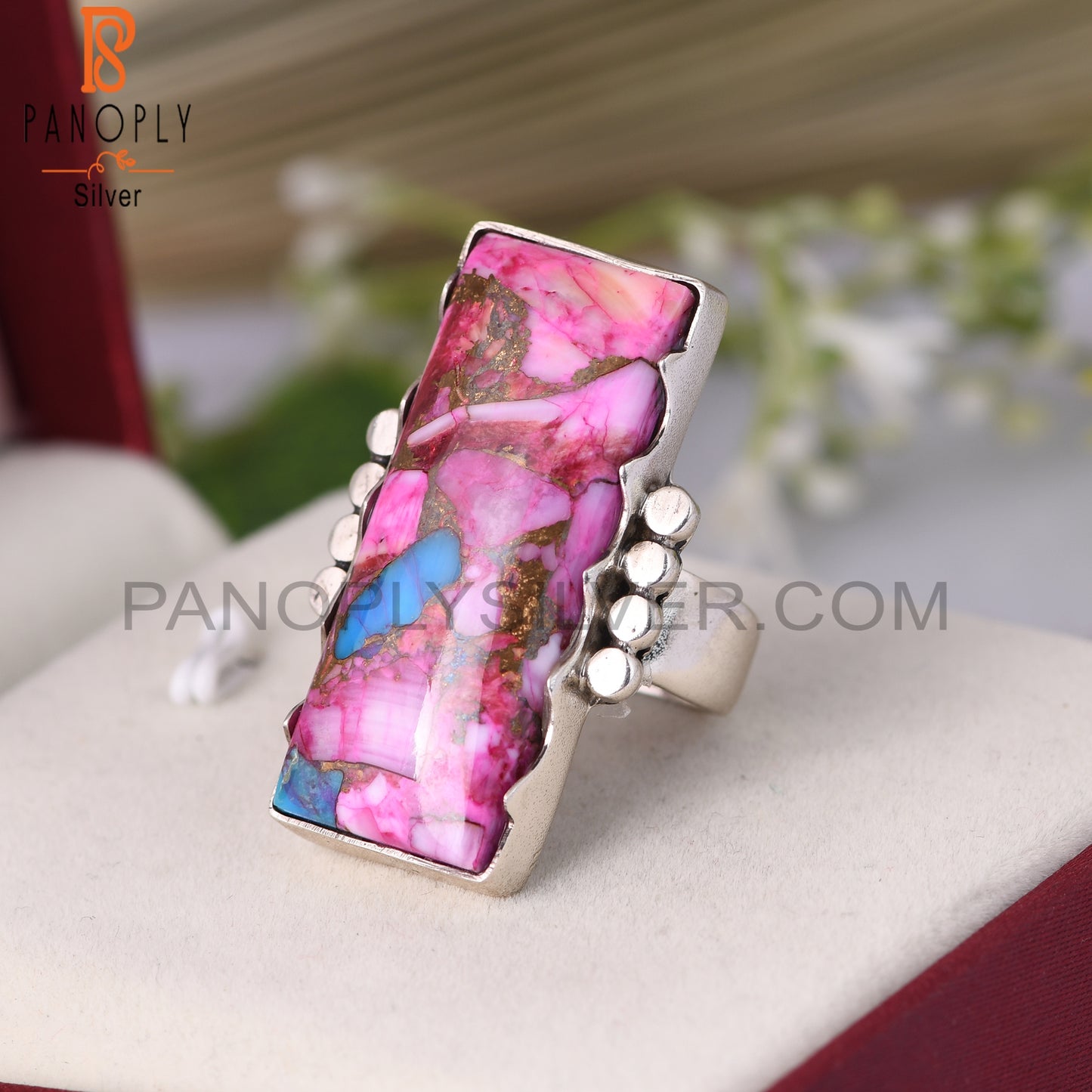 Mojave Copper Purple Oyster Turquoise Baguette Silver Ring