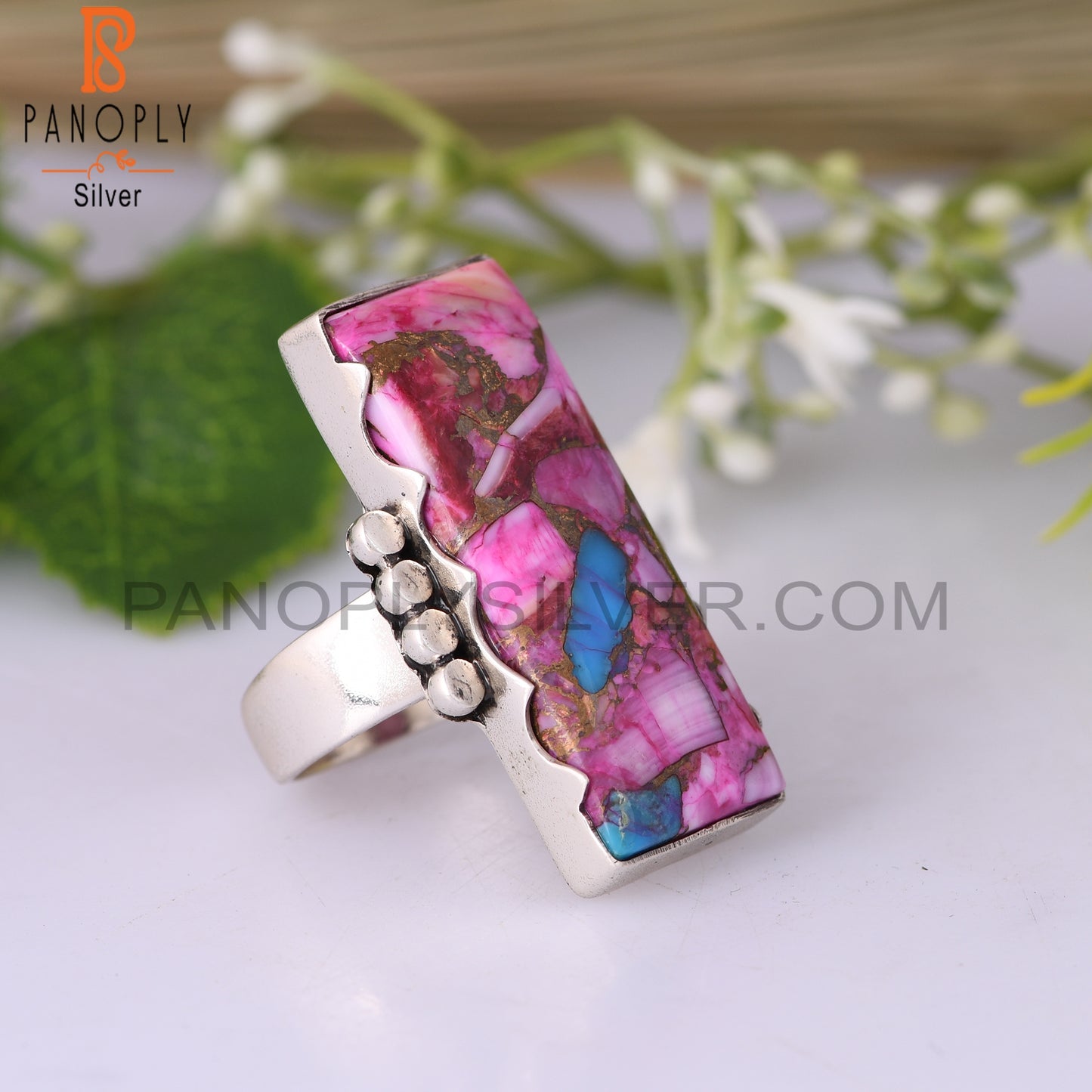 Mojave Copper Purple Oyster Turquoise Baguette Silver Ring