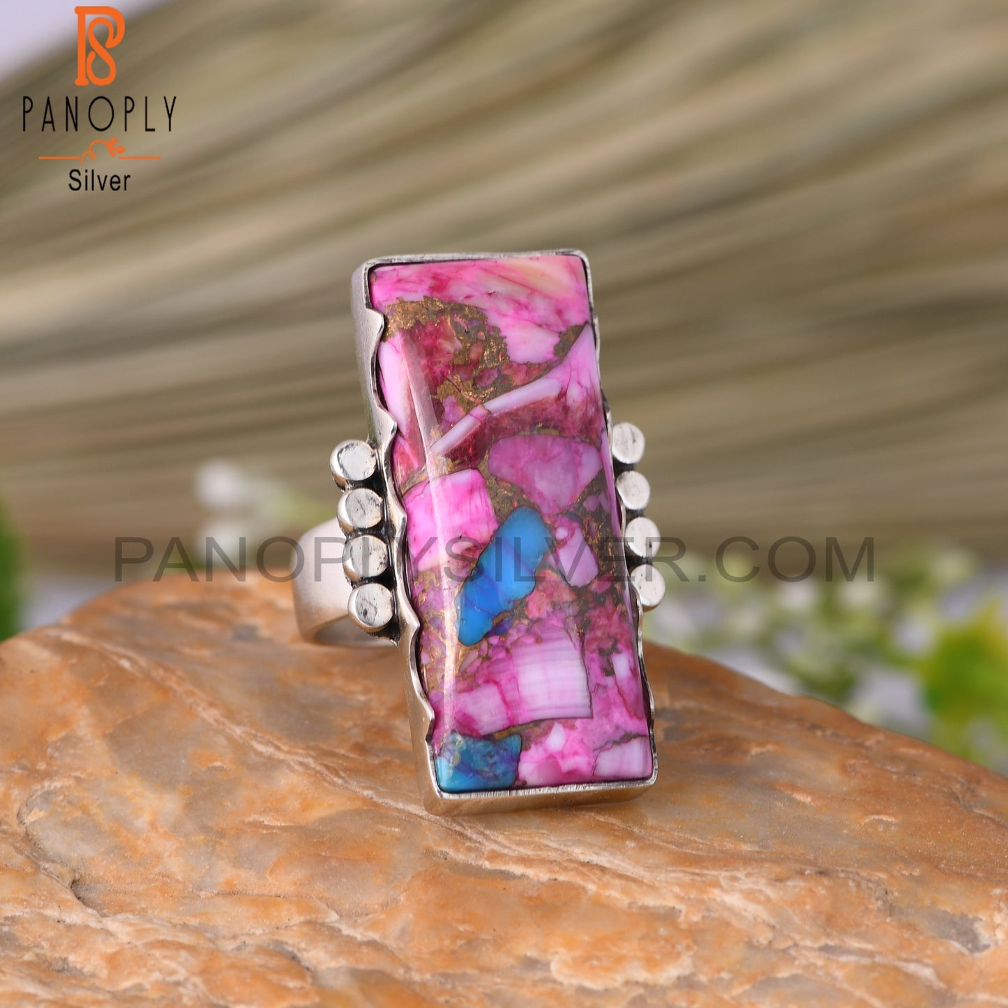 Mojave Copper Purple Oyster Turquoise Baguette Silver Ring
