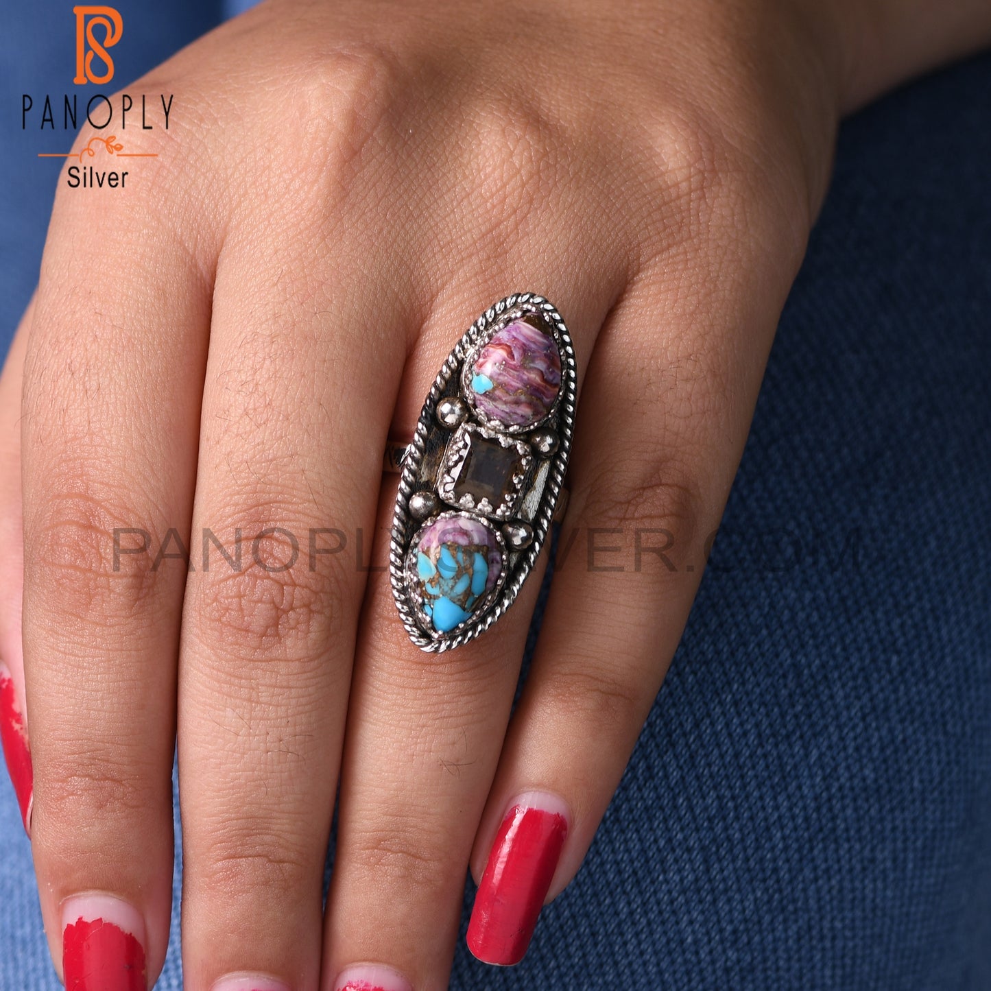 Smoky & Mojave Copper Purple Oyster Turquoise 925 Silver Ring