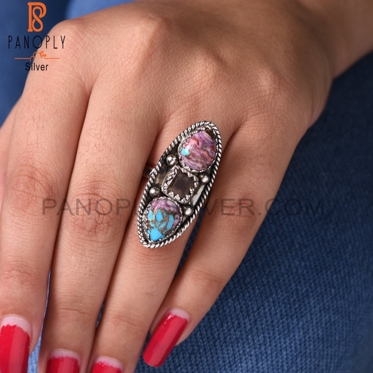Smoky & Mojave Copper Purple Oyster Turquoise 925 Silver Ring
