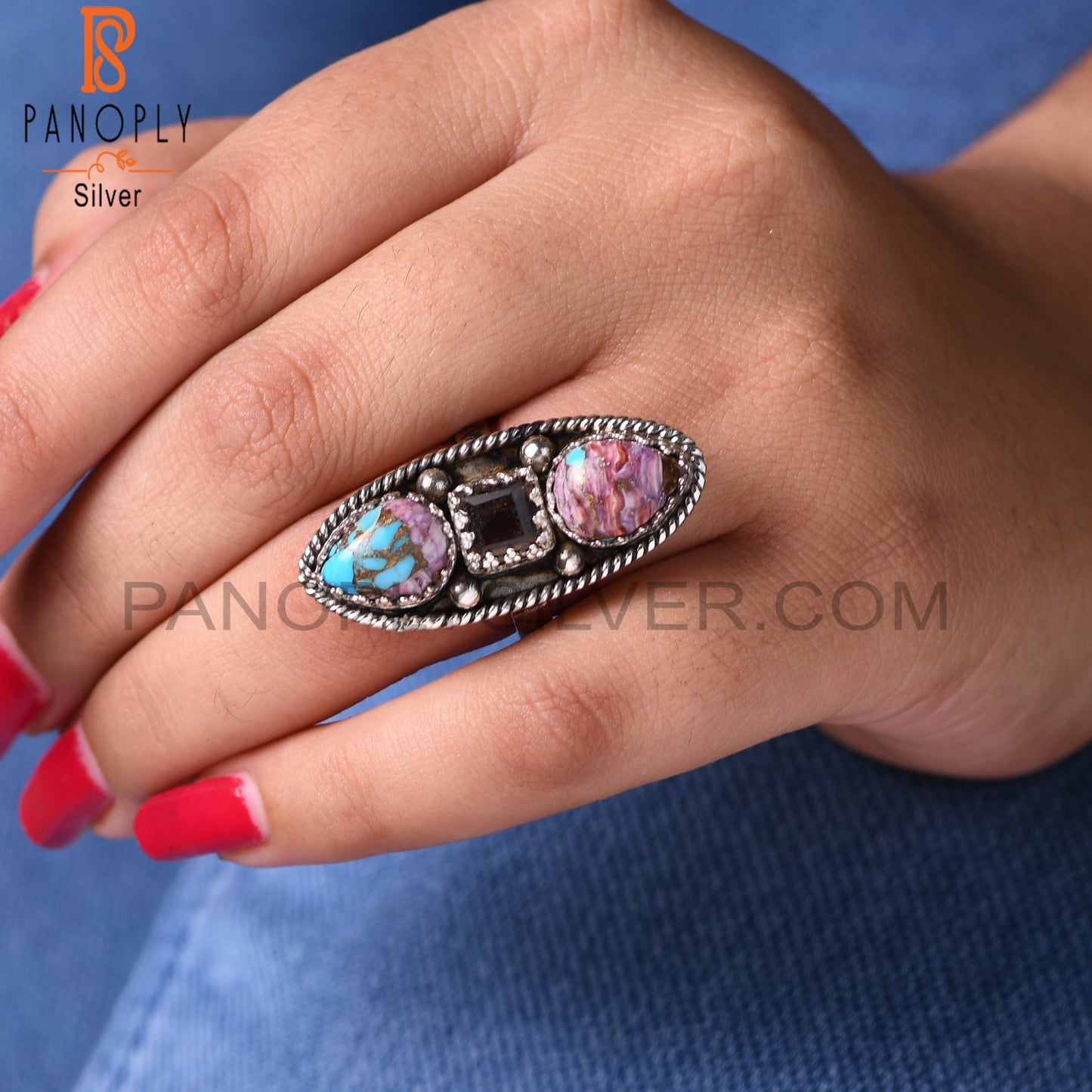 Smoky & Mojave Copper Purple Oyster Turquoise 925 Silver Ring
