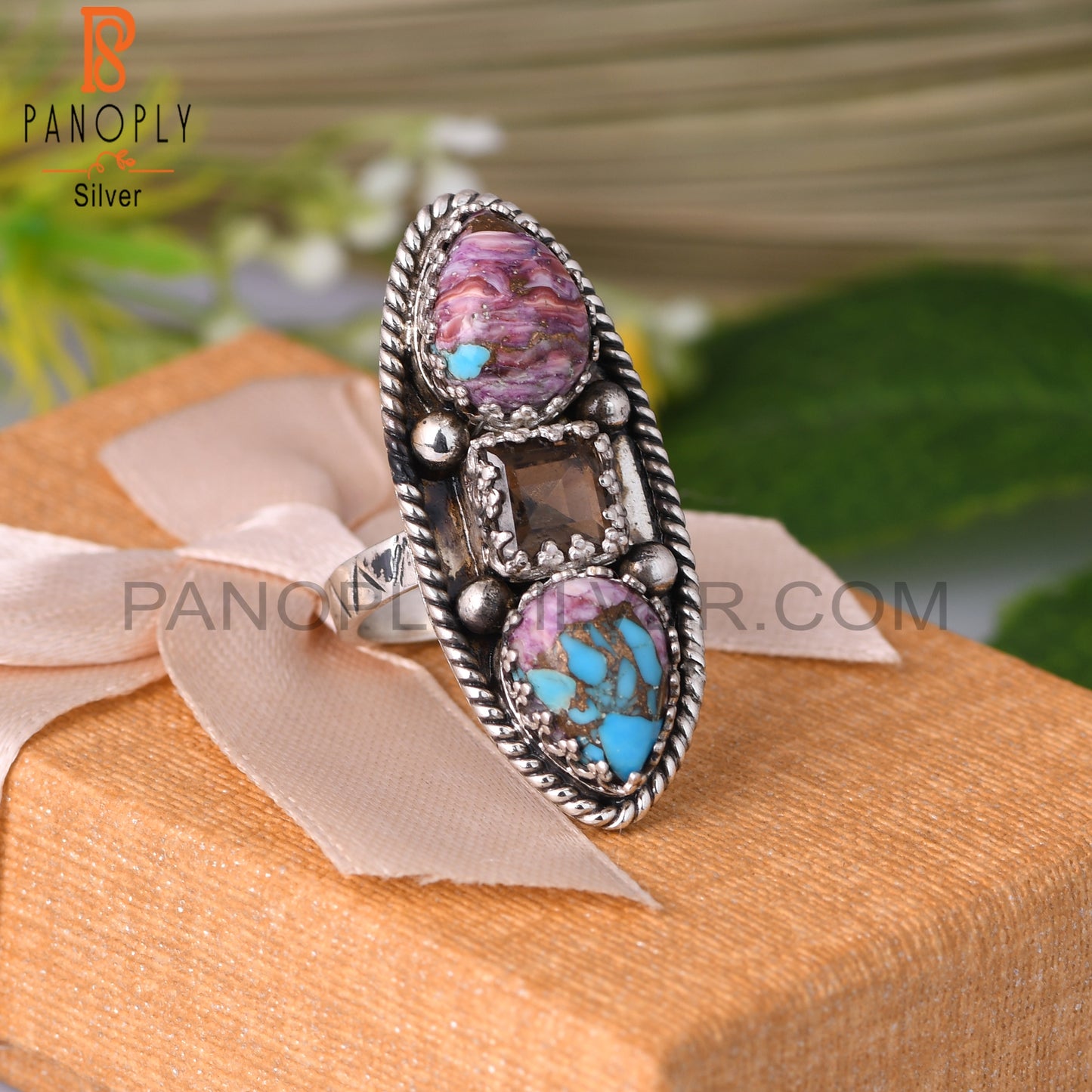 Smoky & Mojave Copper Purple Oyster Turquoise 925 Silver Ring