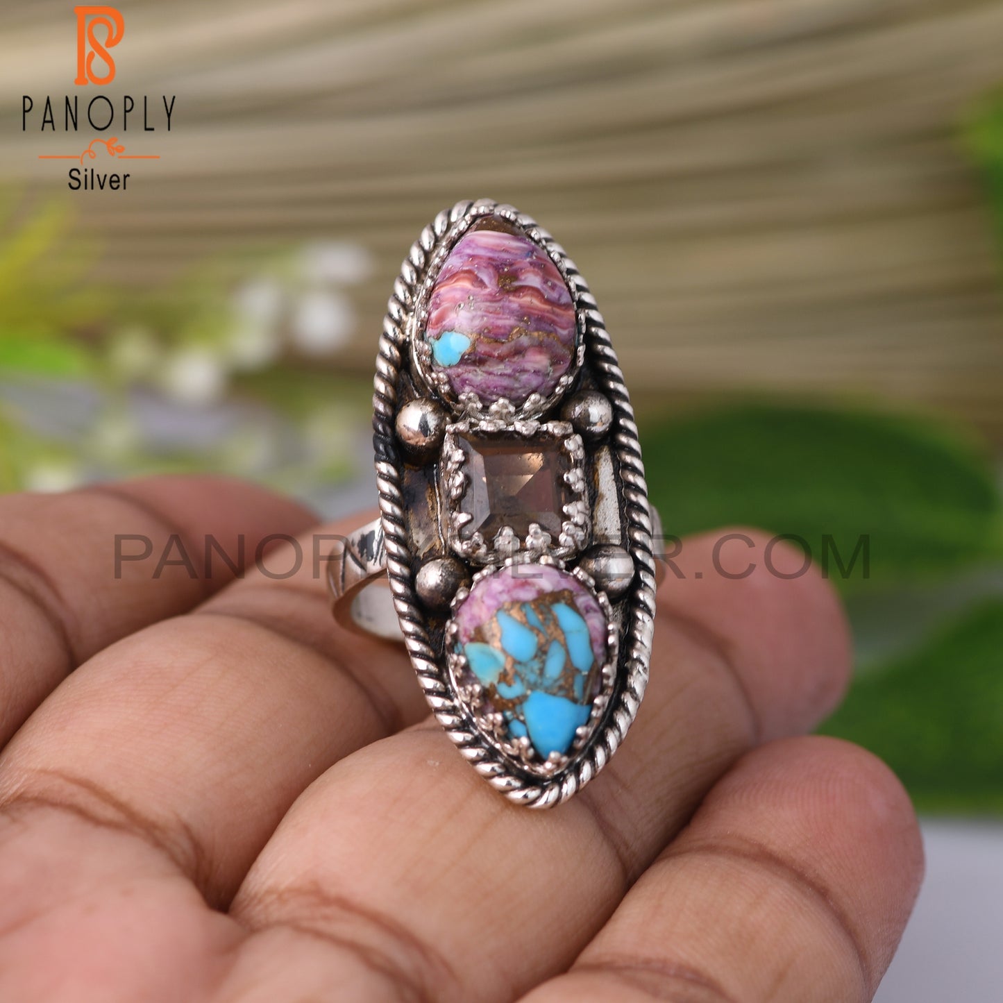 Smoky & Mojave Copper Purple Oyster Turquoise 925 Silver Ring