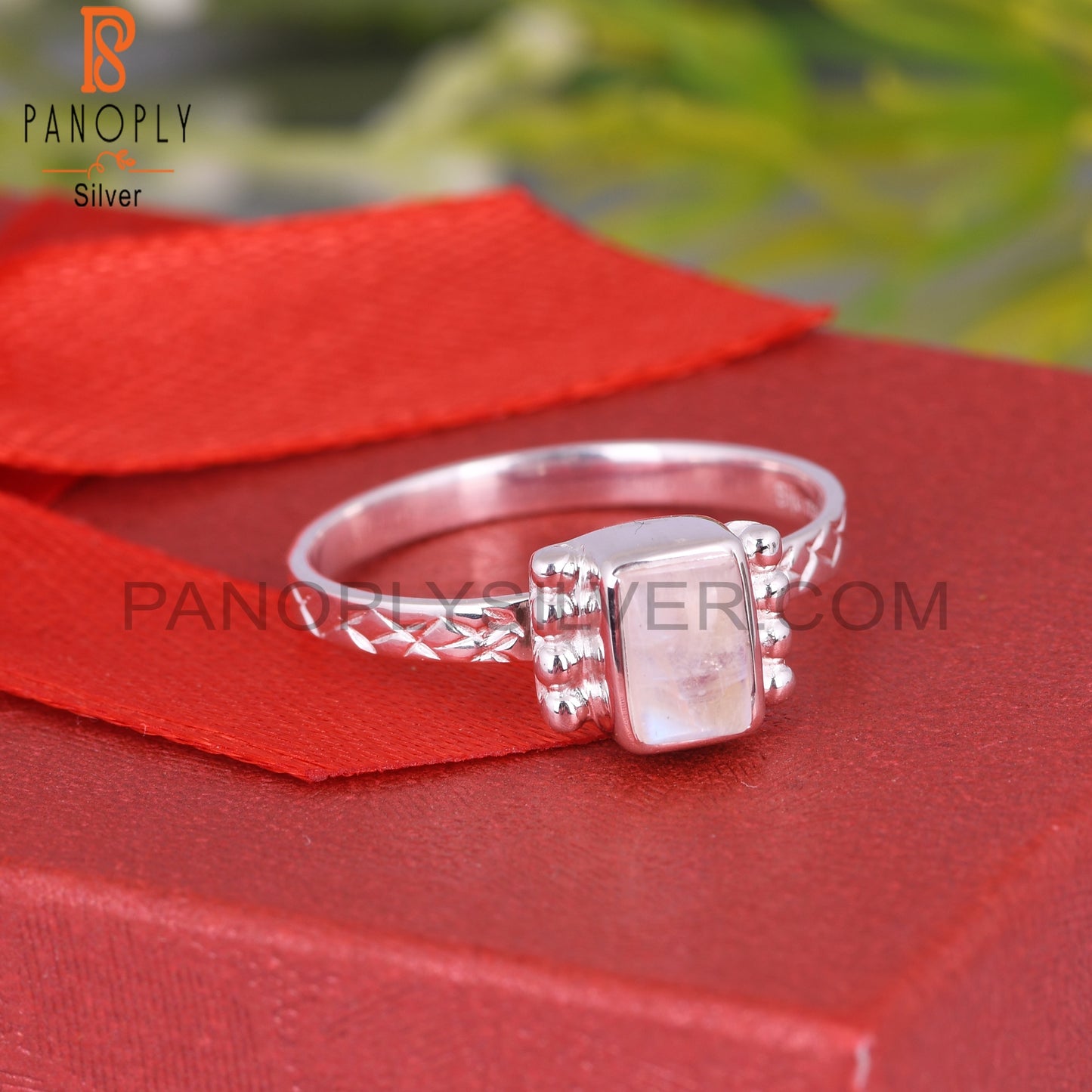 Rainbow Moonstone Beguette 925 Silver Ring