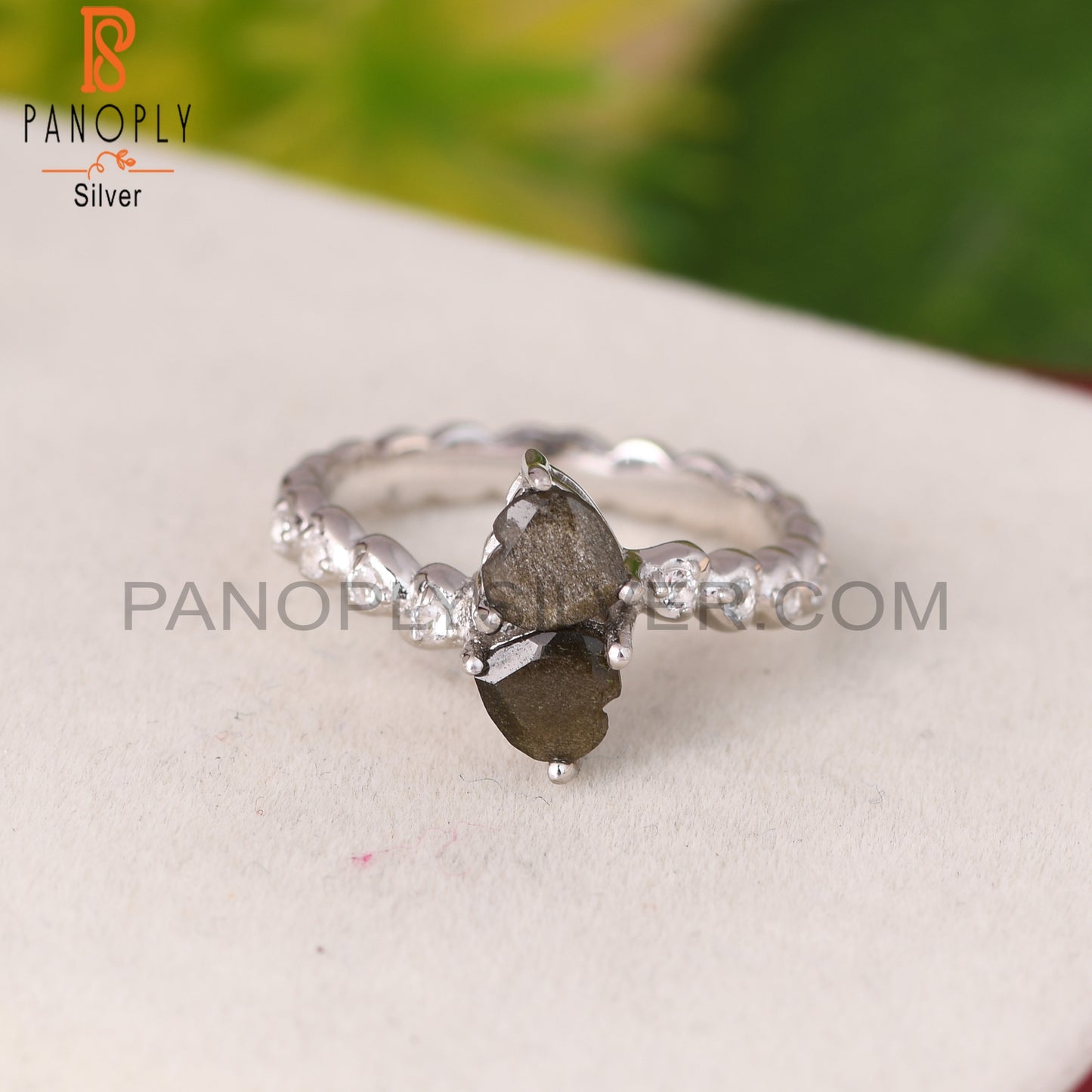 Gold Sheen Obsidian, White Topaz 925 Sterling Silver Ring