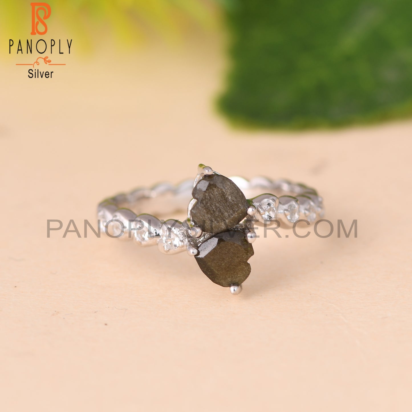Gold Sheen Obsidian, White Topaz 925 Sterling Silver Ring
