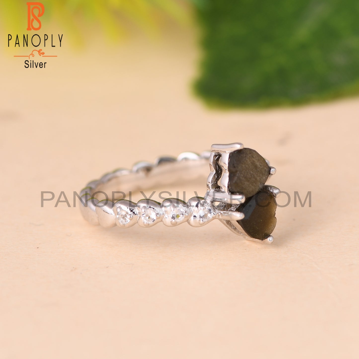 Gold Sheen Obsidian, White Topaz 925 Sterling Silver Ring